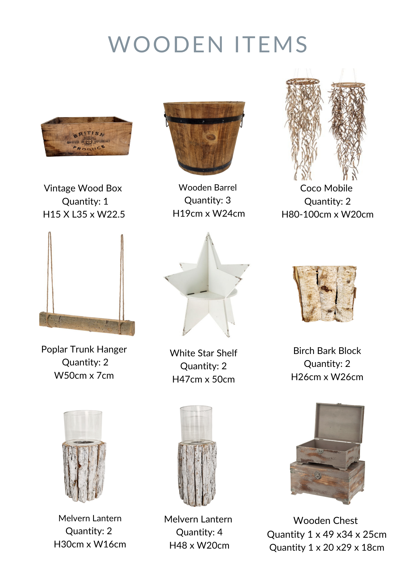 A selection of wooden items for styling purposes and hire