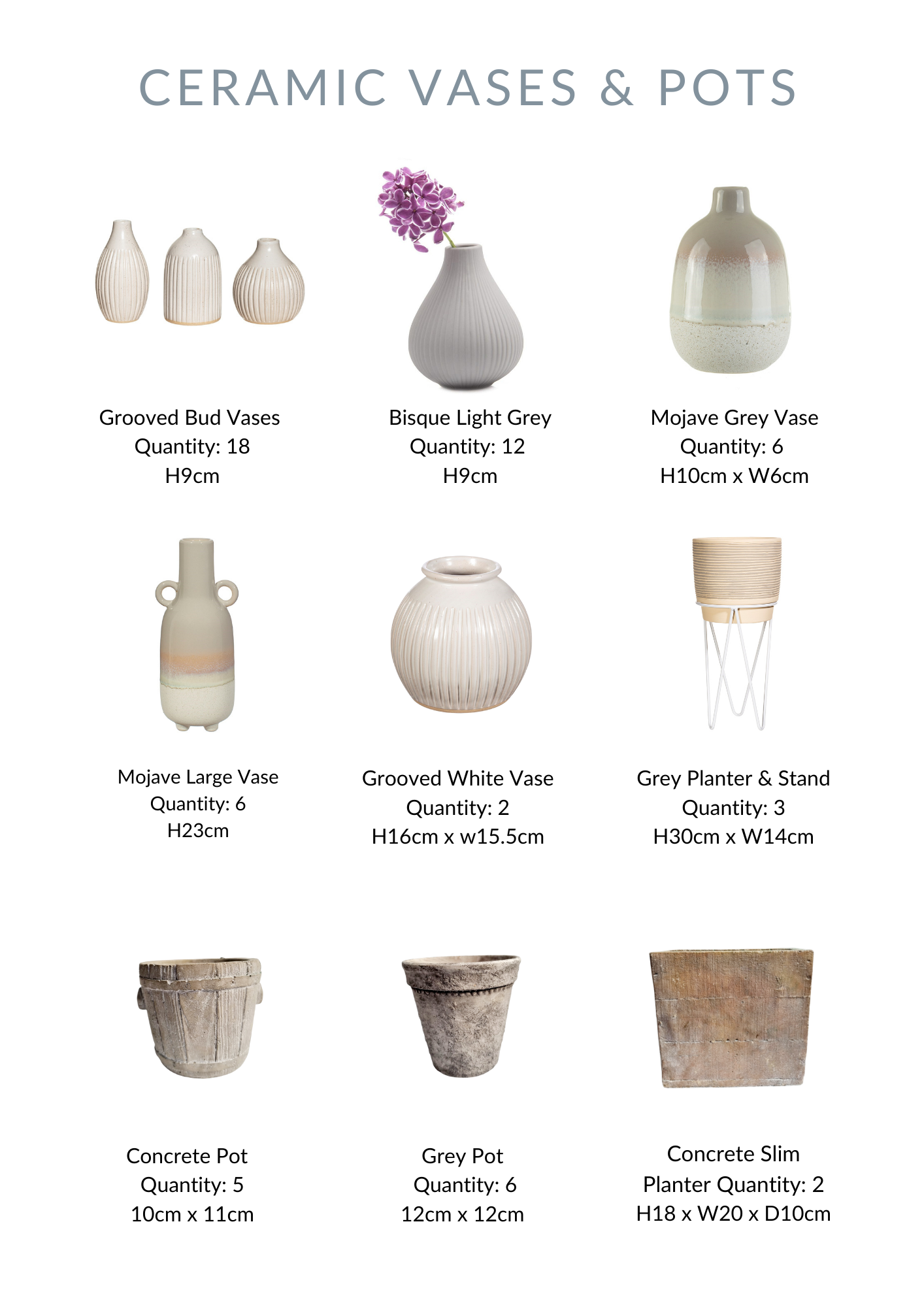 A selection of ceramic vases and pots for hire