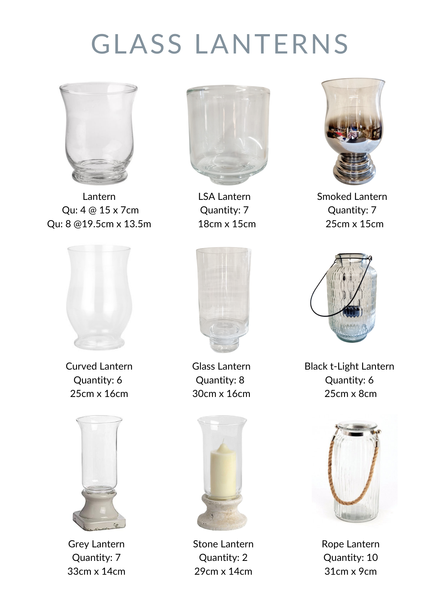 Selection of glass lanterns & hurricane vases for hire