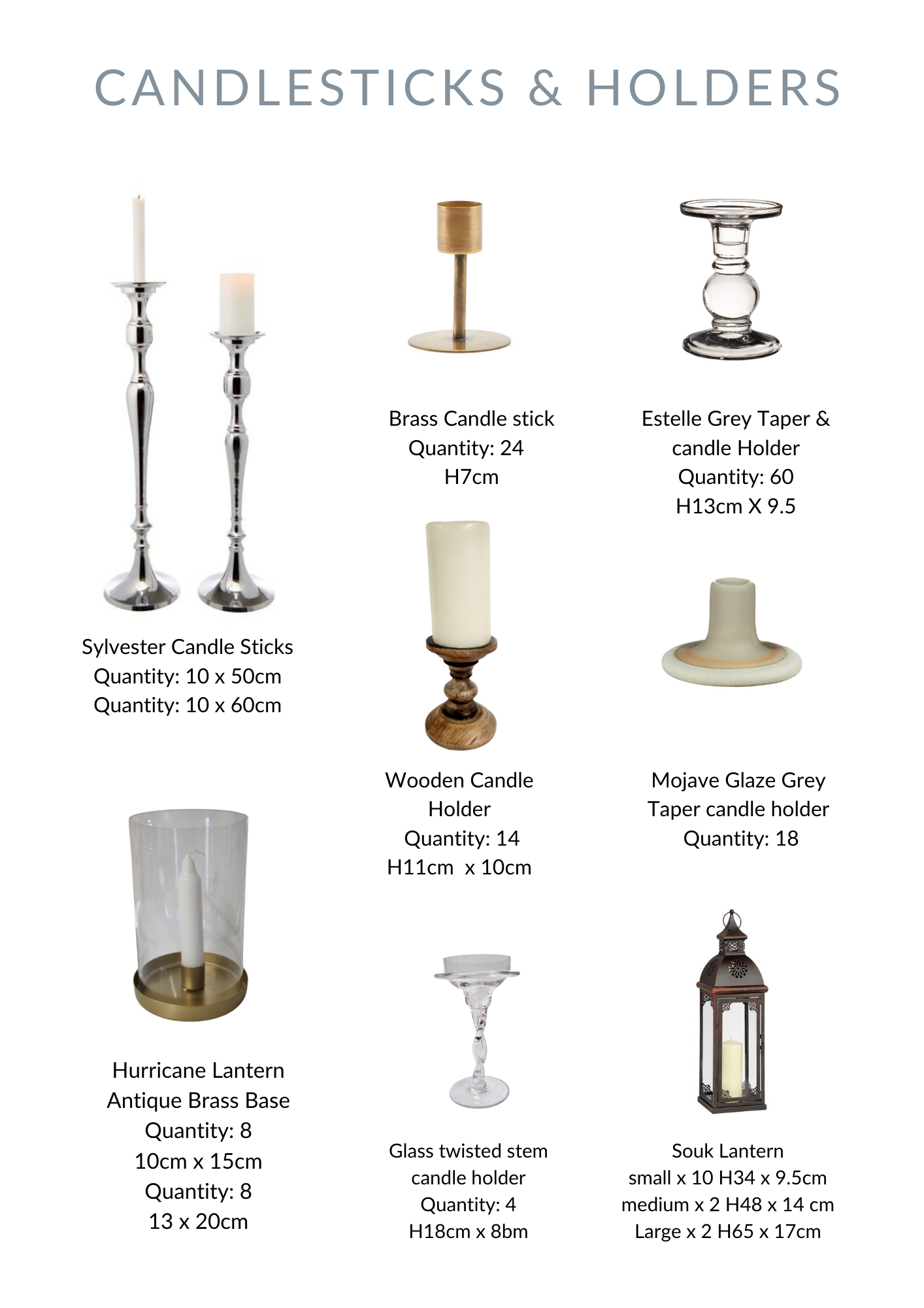 A selection of candlesticks and candle holders for hire