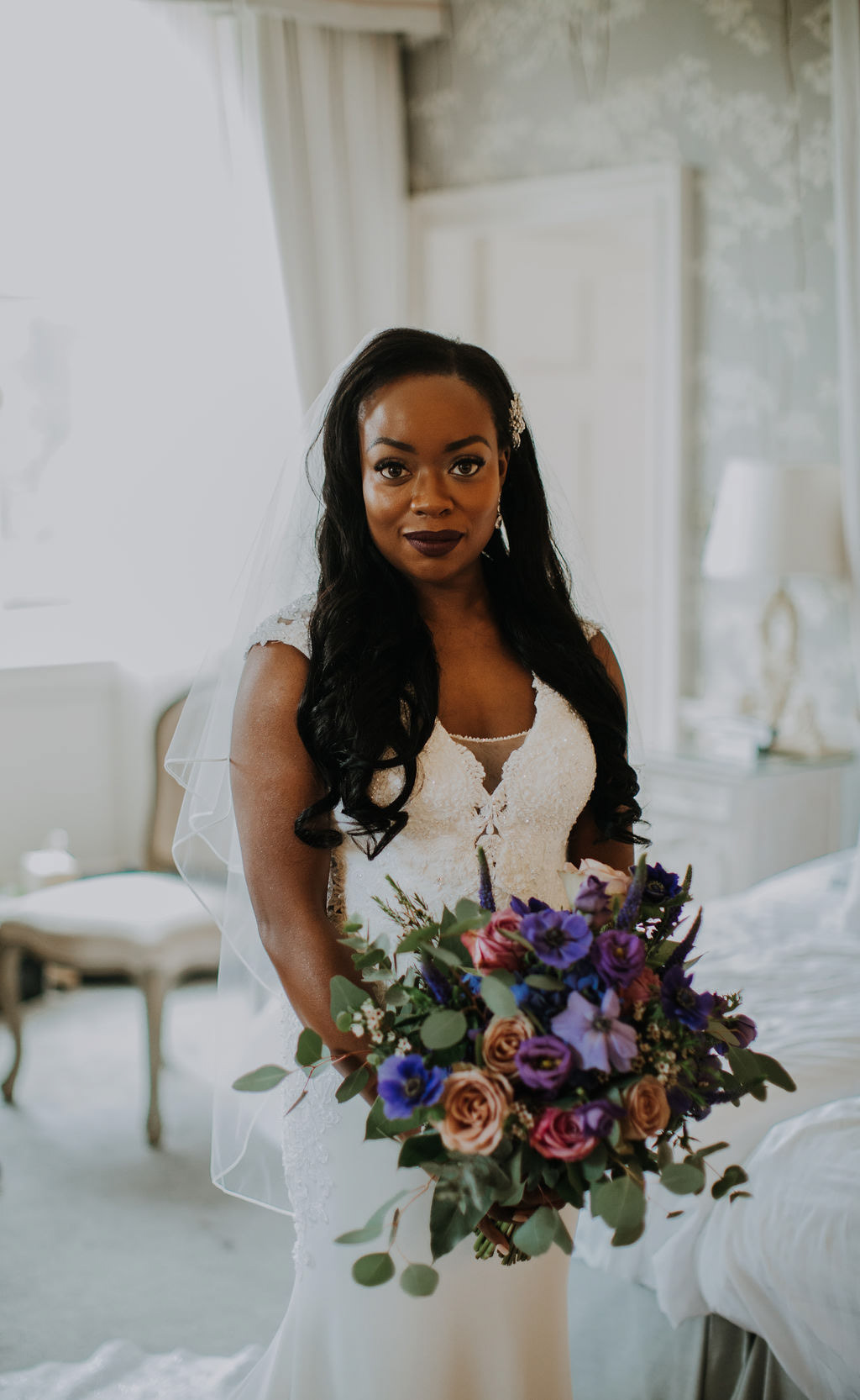 vibrant brides bouquet in purples & blues