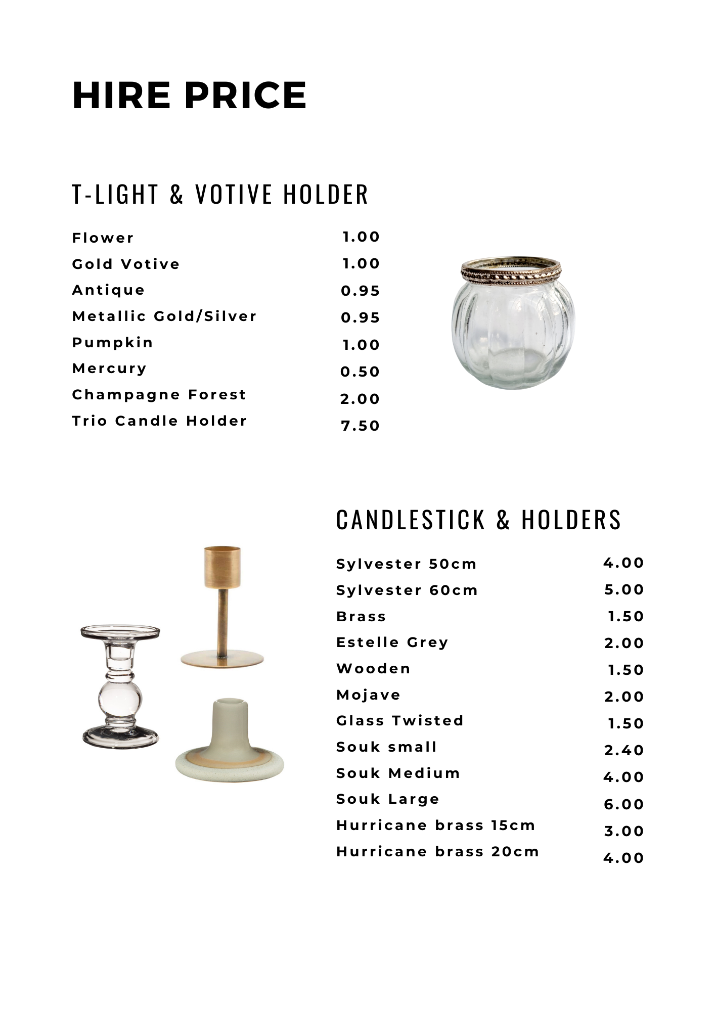 Hire price list