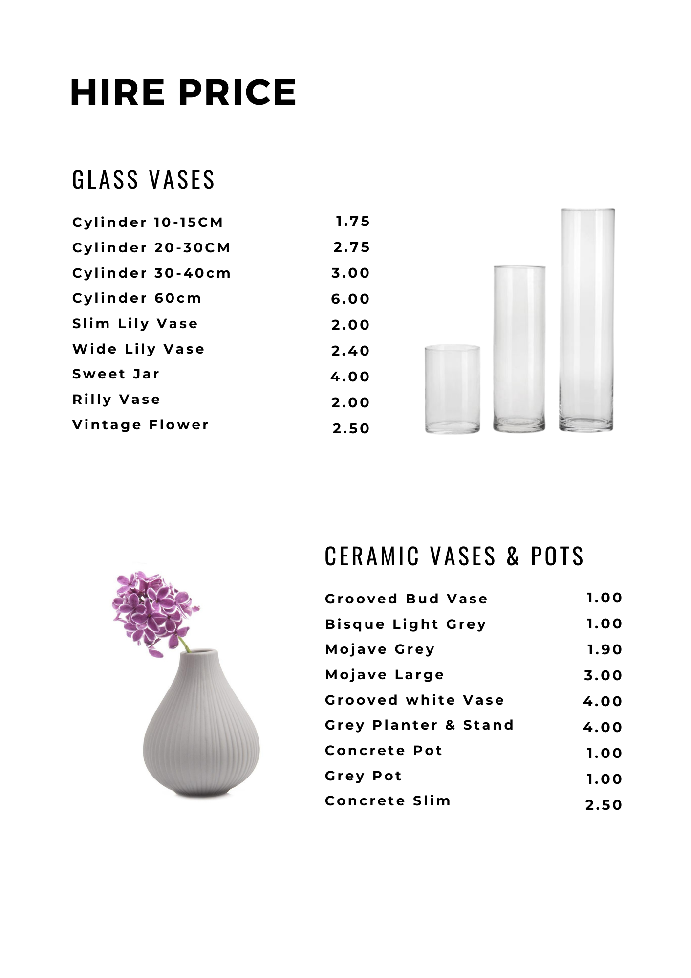 Hire price list