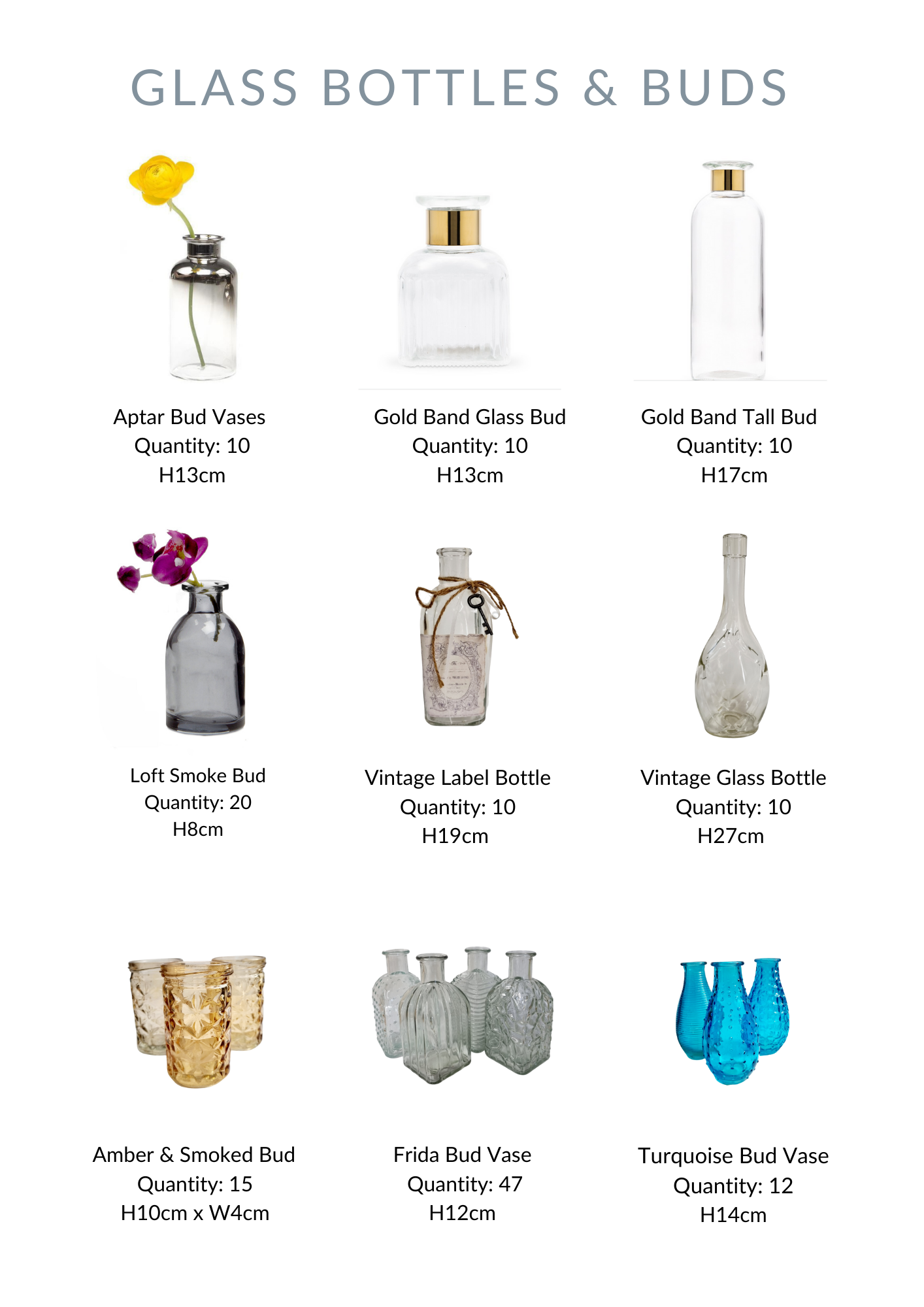 A selection of glass bud vases for hire