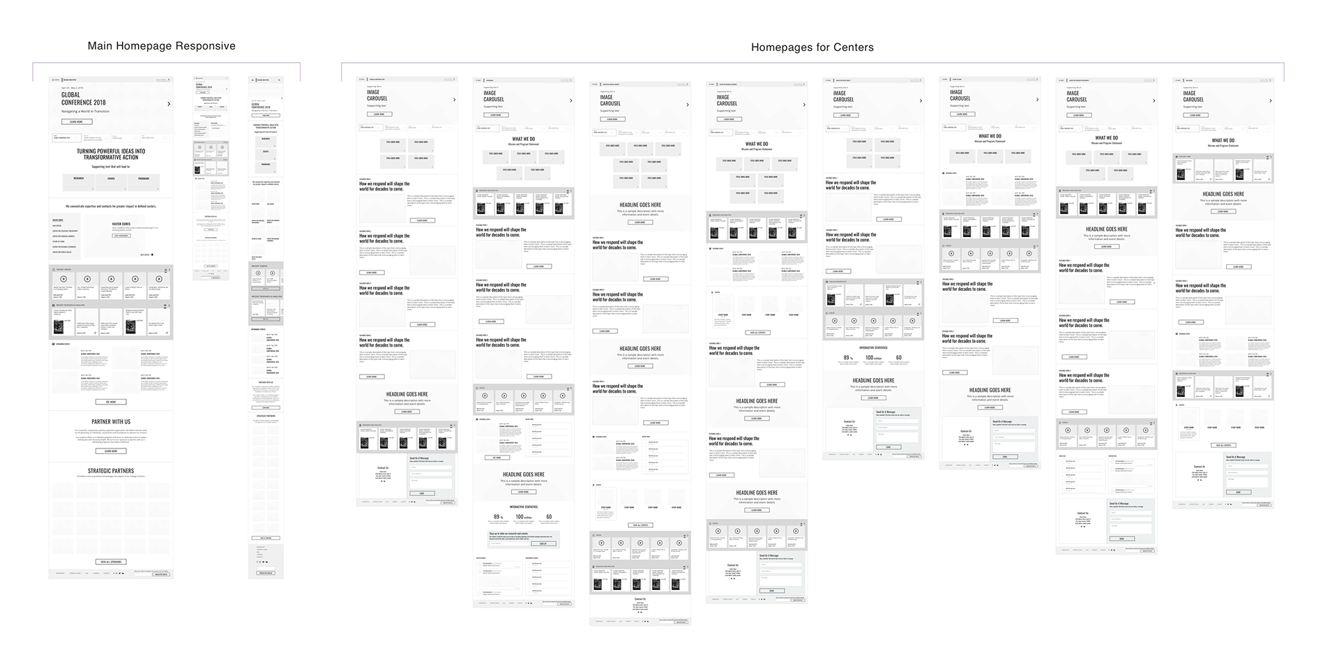 Wireframes of home pages with Module blocks