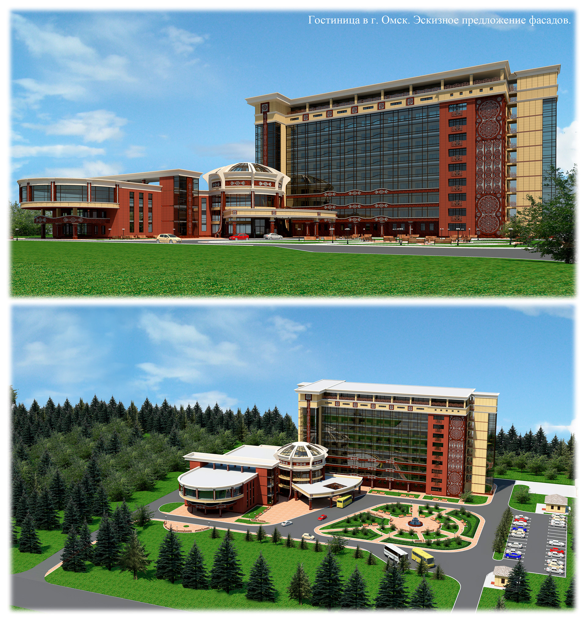 Sketch of the facade of the hotel in the city Omsk (Russia)