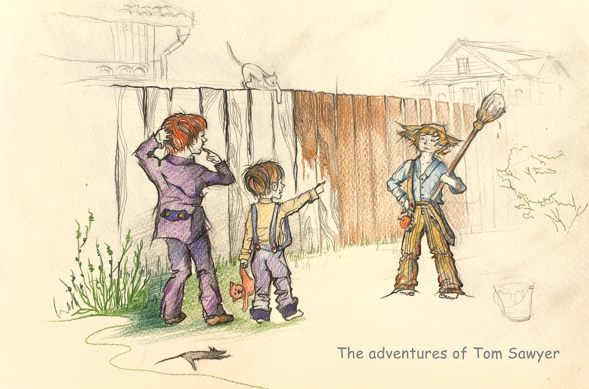 Illustration for the book The Adventure of Tom Sawyer. The story about fence.