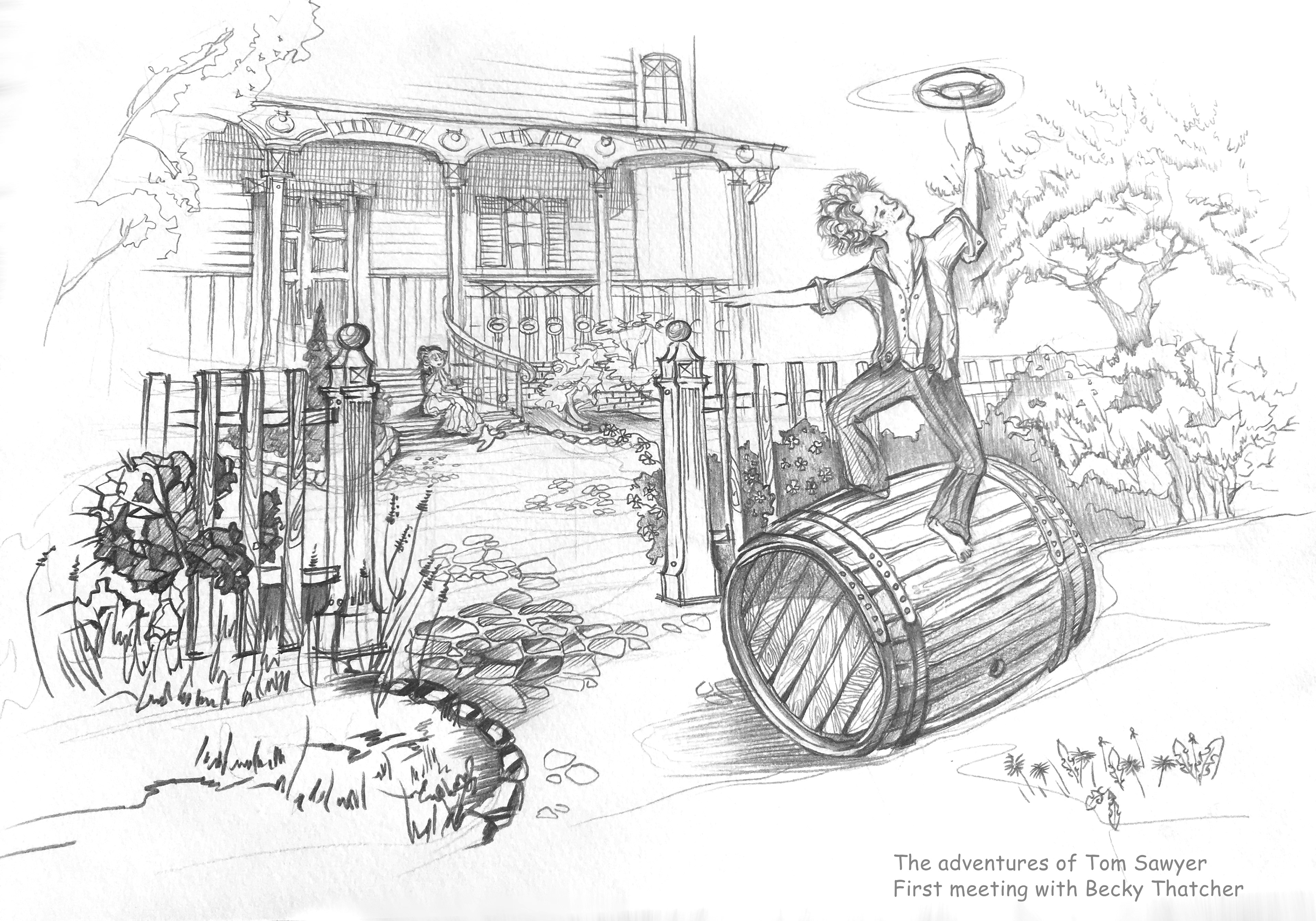 Illustration for the book The Adventure of Tom Sawyer. First meeting with Becky Thatcher.