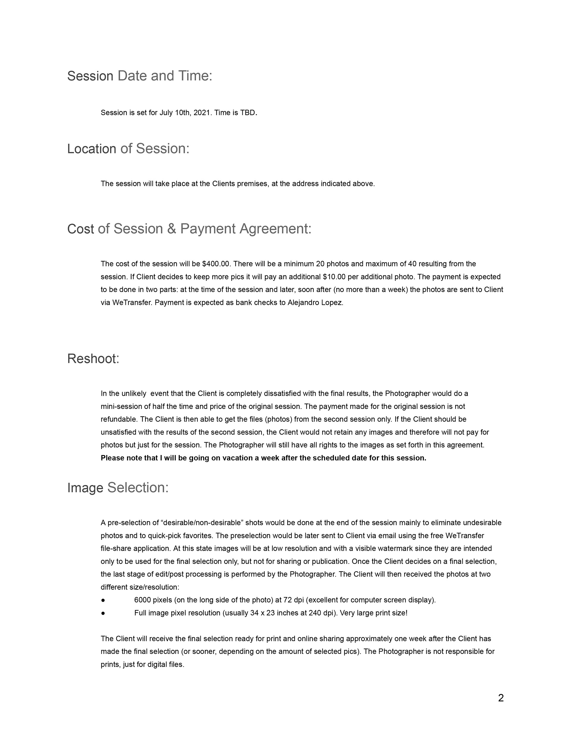 Sample of a Photo Session Agreement page two.
