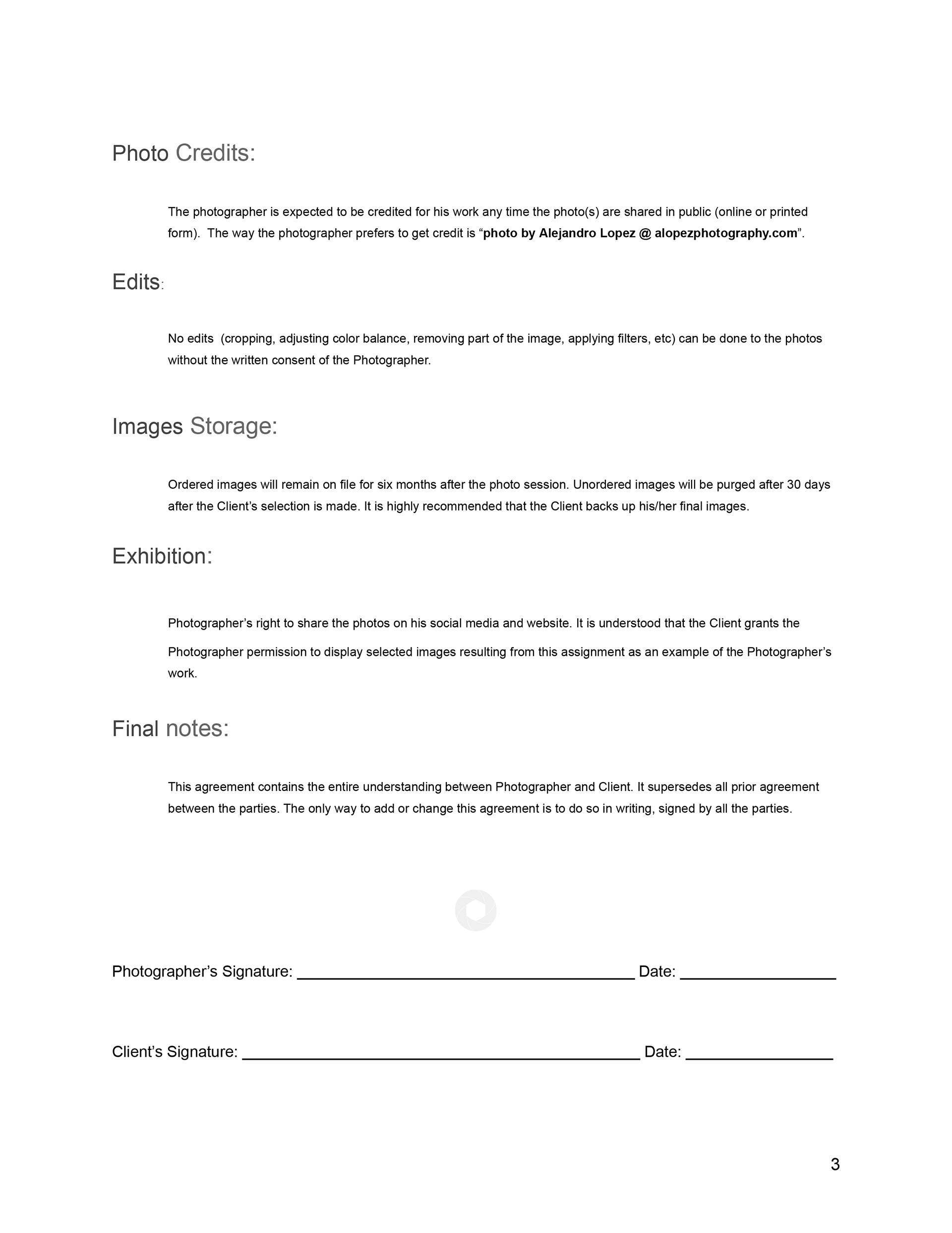 Sample of a Photo Session Agreement page three.
