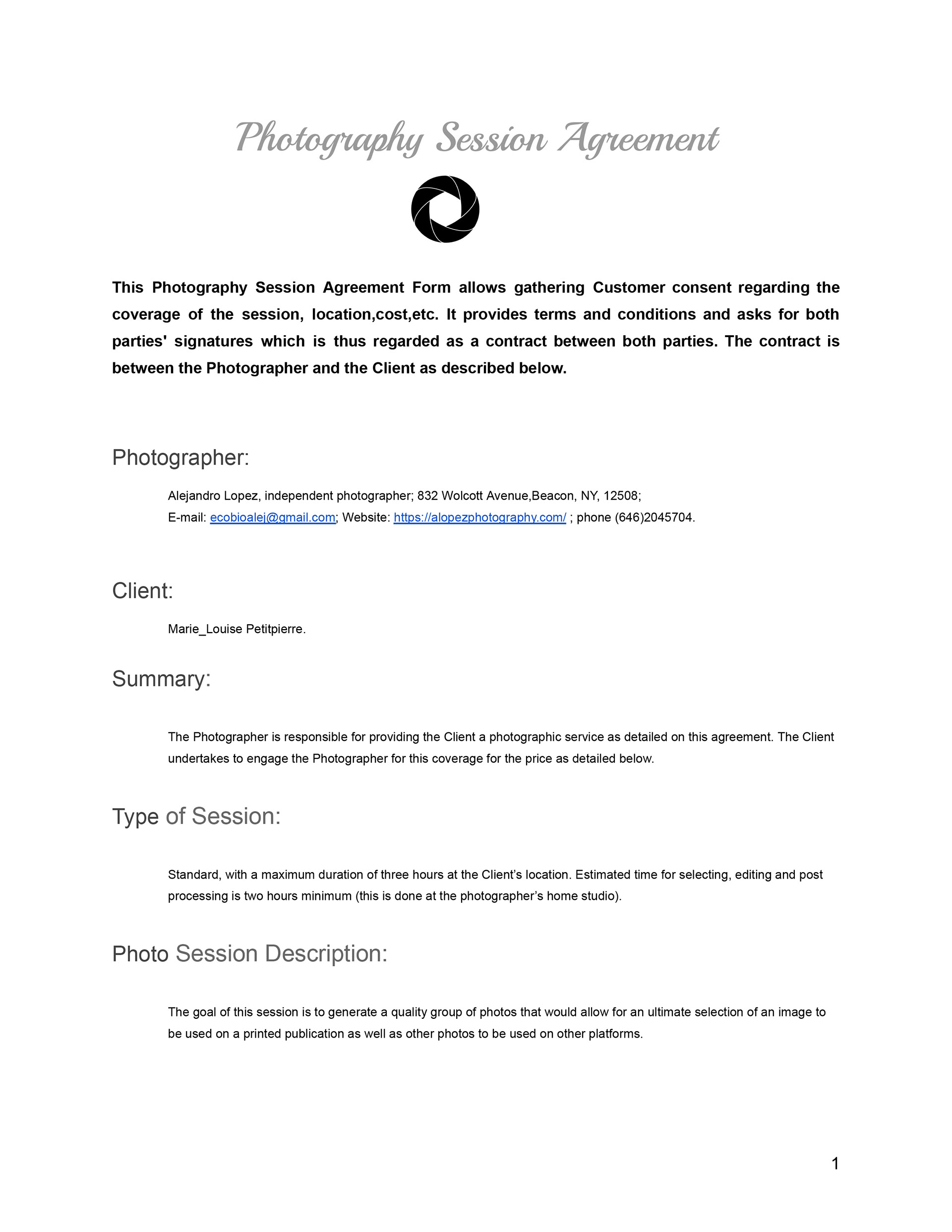 Sample of a Photo Session Agreement page one.