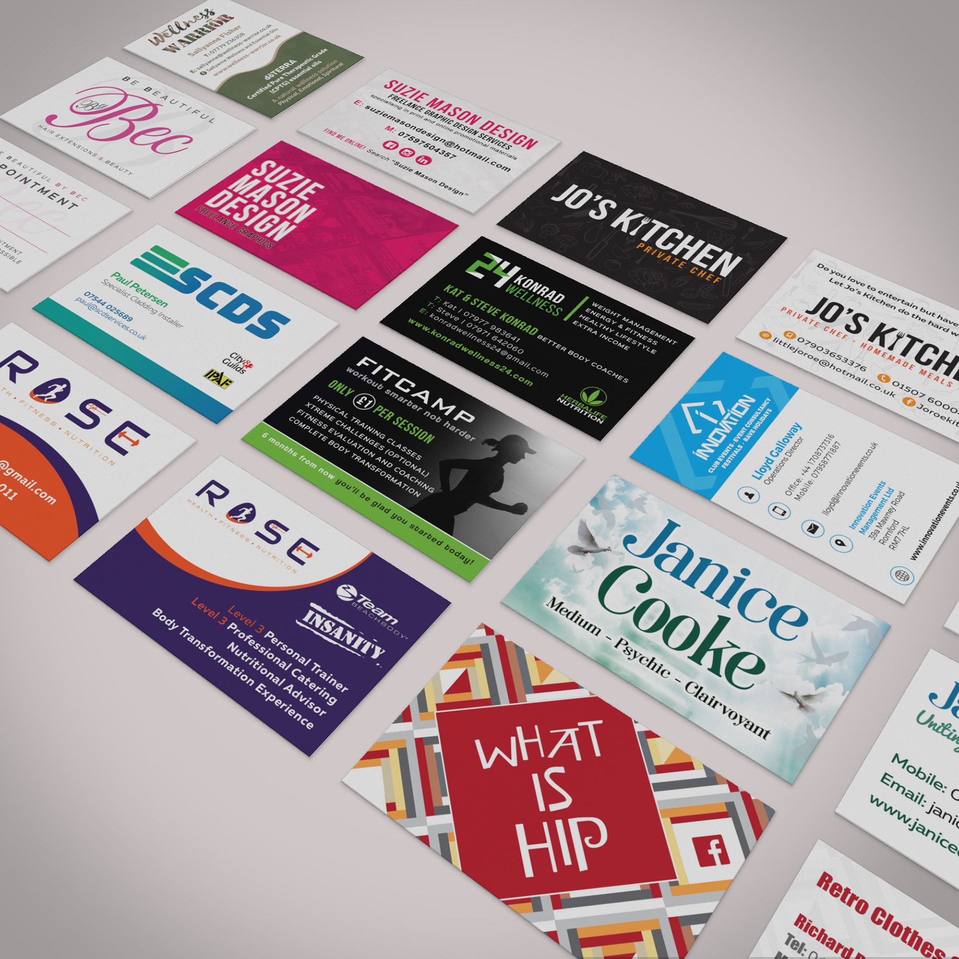 Business cards designed between 2017-2019 in employment and on a freelance basis