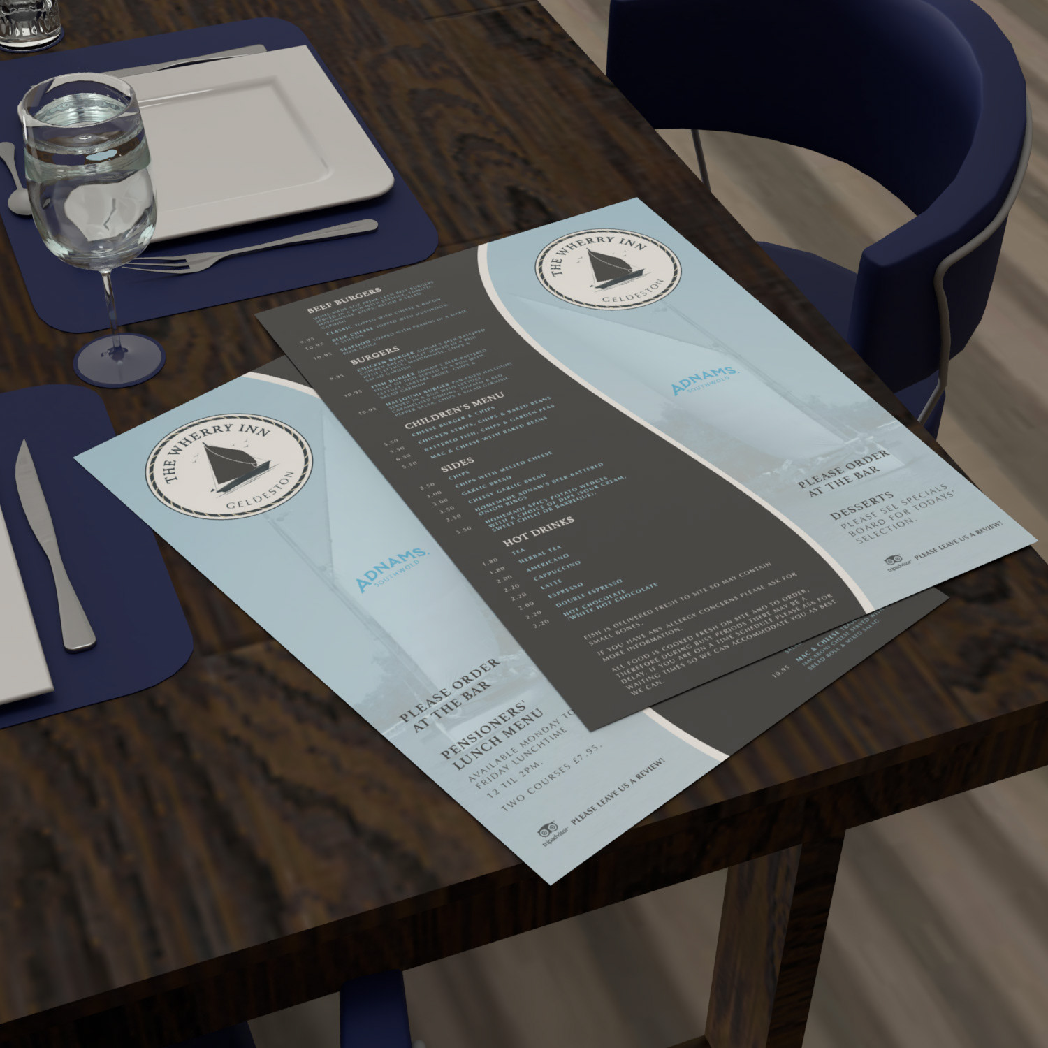 Logo and menus for The Wherry Pub, Geldeston (2017)
