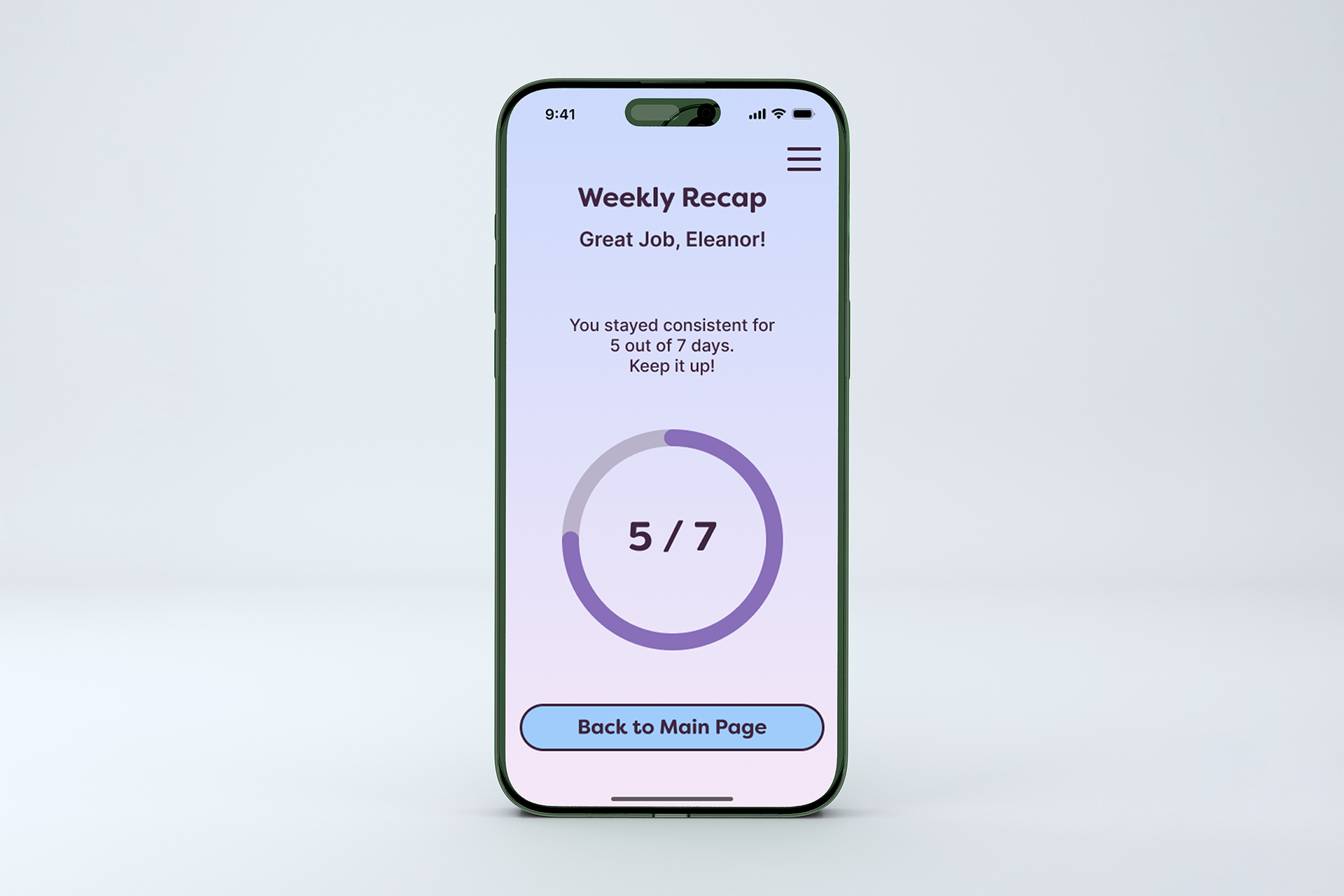 Mobile app screen showing a weekly recap with a circular progress tracker, reading “5 of 7” days completed, and a button labeled “Back to Main Page.”