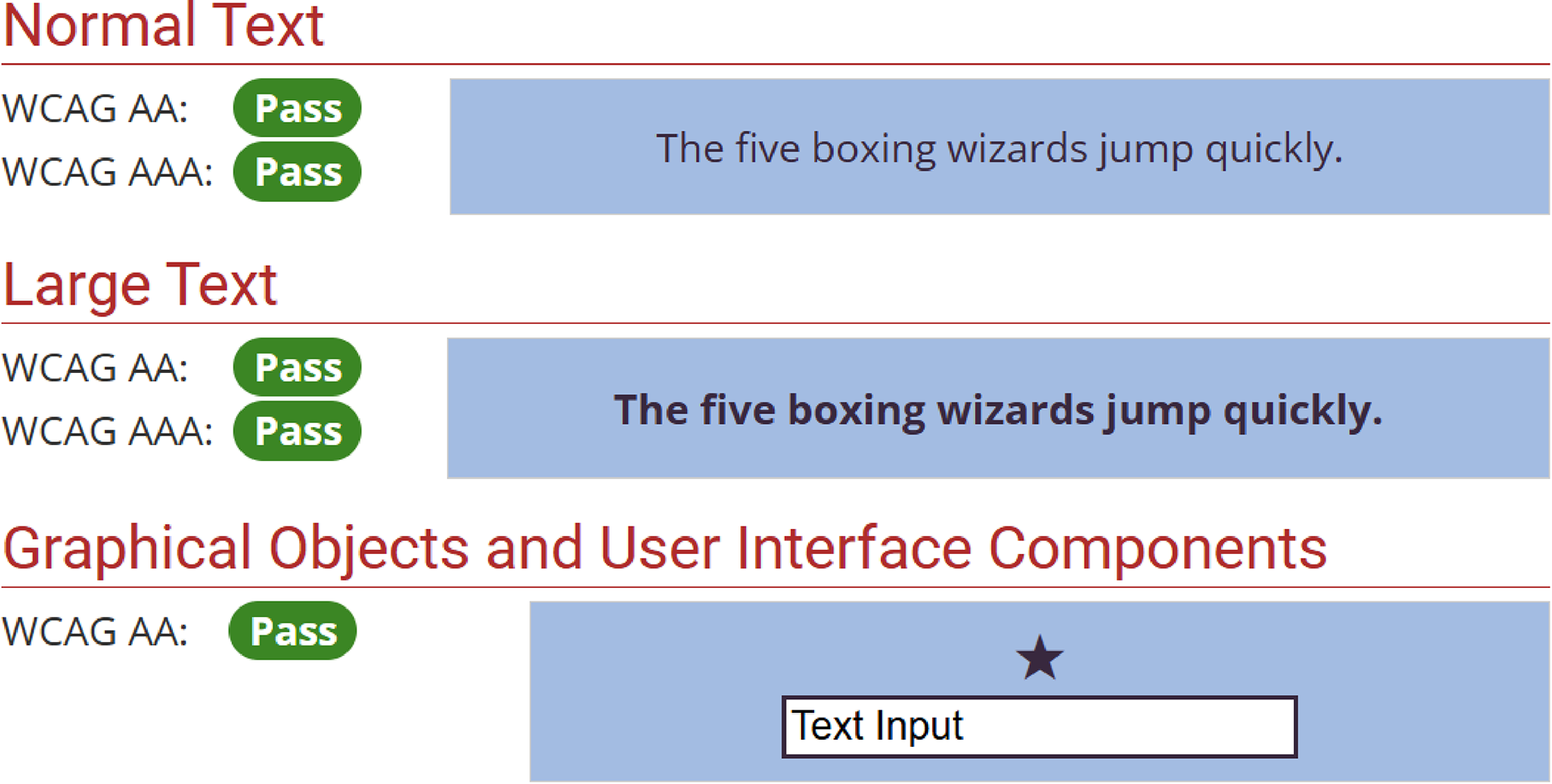 Accessibility test results showing DailyCare app text and interface components passing WCAG AA and AAA contrast standards