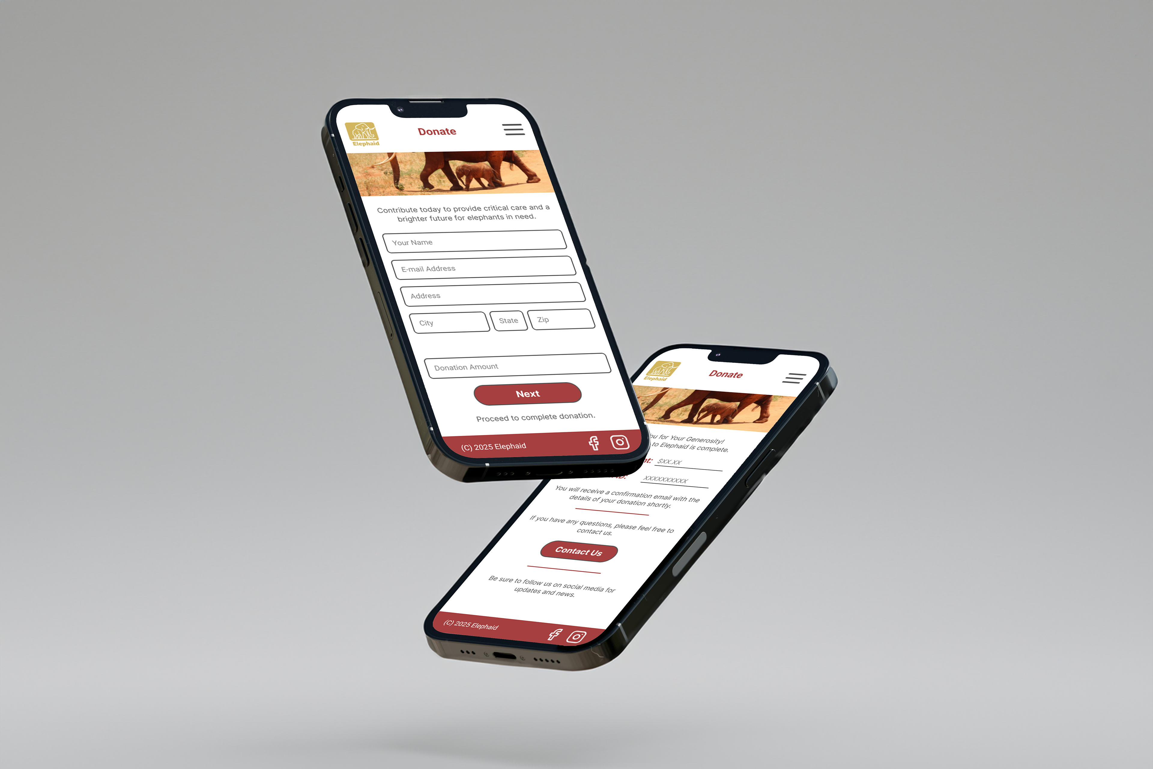 Two mobile phones displaying a donation form with camel imagery at the top, input fields for donor information, and a red “Submit” button.