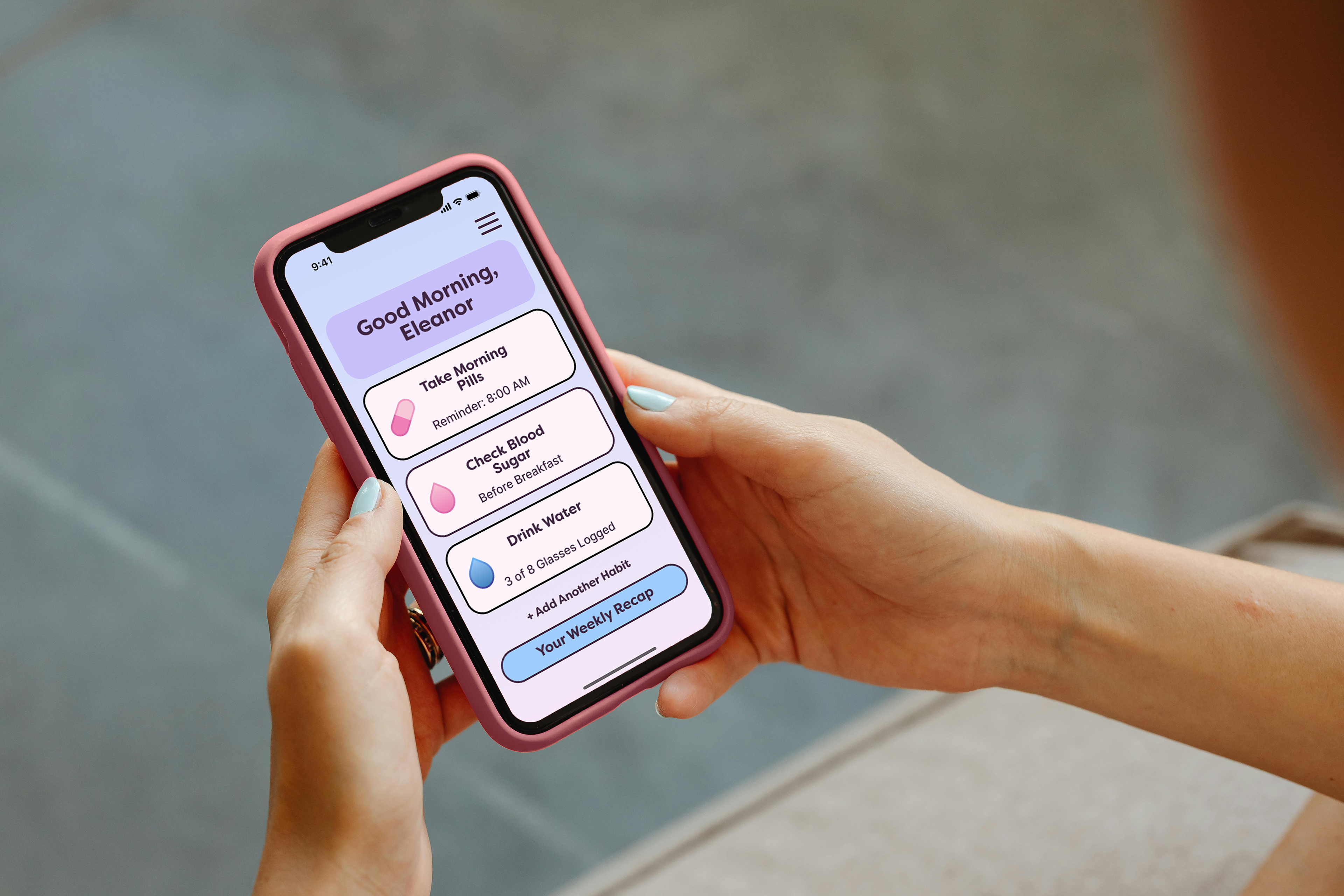 User holding phone displaying DailyCare app morning routine checklist with medication, blood sugar, and water tracking