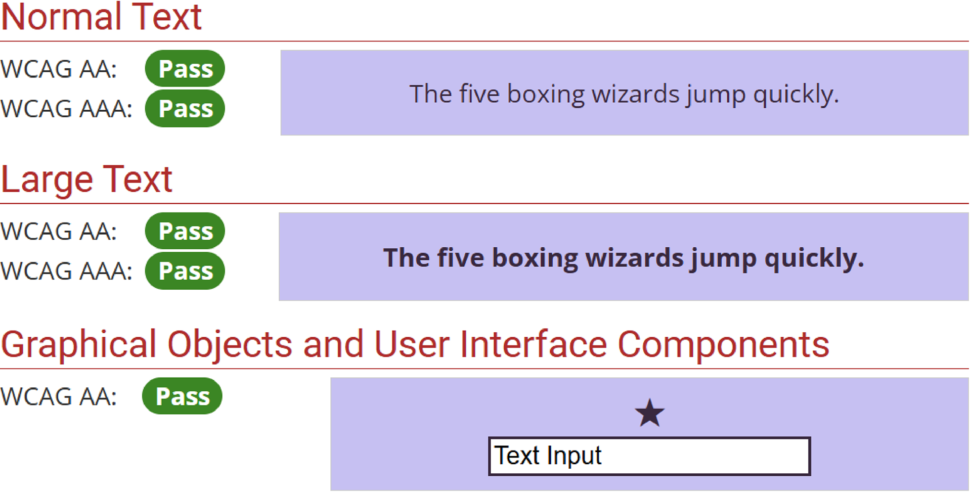 DailyCare app interface in purple theme passing WCAG AA and AAA contrast checks for normal and large text