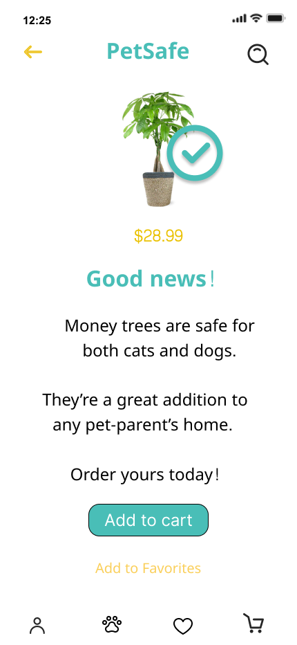 This is the "happy path" moment where the user figures out that the plant is safe. There is a primary "Add to cart" button.