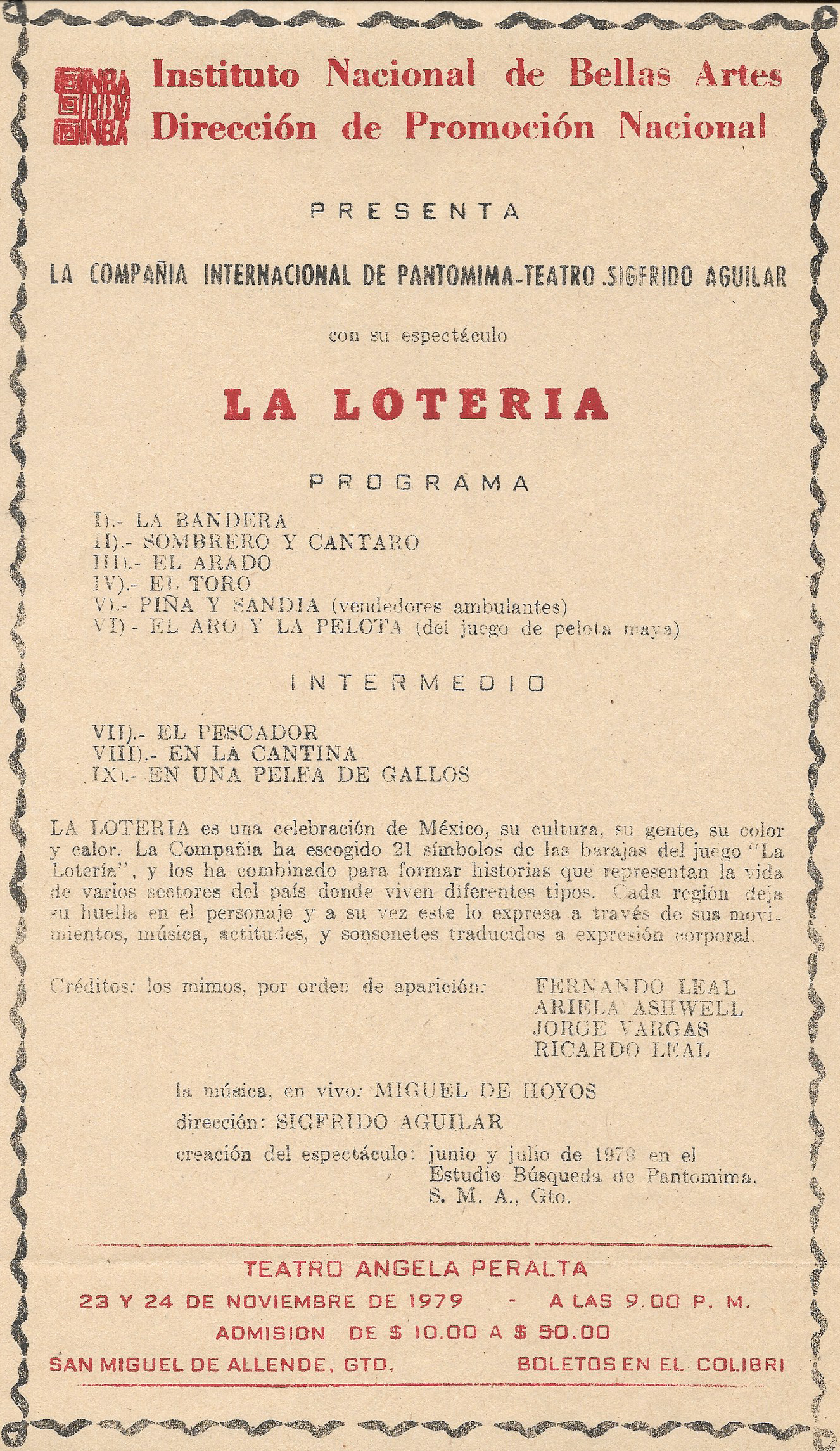 Programa de mano LA LOTERÍA de Sigfrido Aguilar.