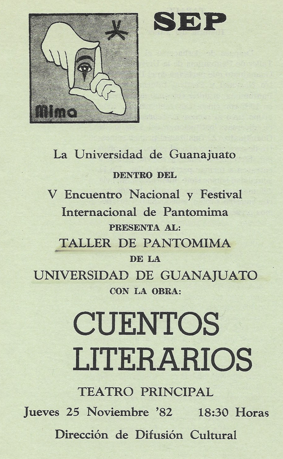 Programa de mano "Cuentos Literarios", obra creada y presentada en el V Encuentro Nacional y Festival Internacional de Pantomima por los siete integrantes del TaPaUG.