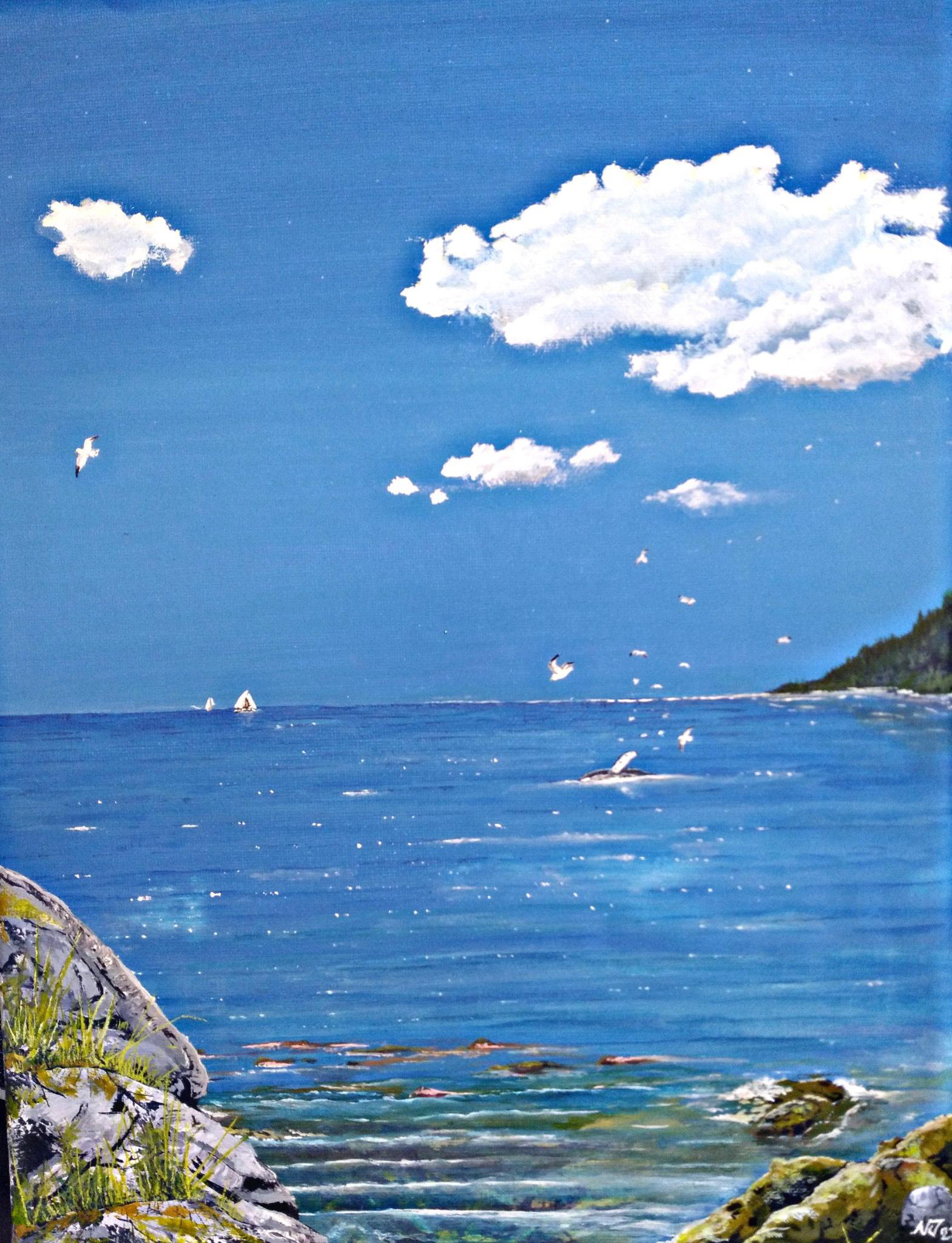 An ocean blue, coastal scene depicted in my mental imagery. Probably off the coast of BC. Humpbacks, sale boats, gulls.