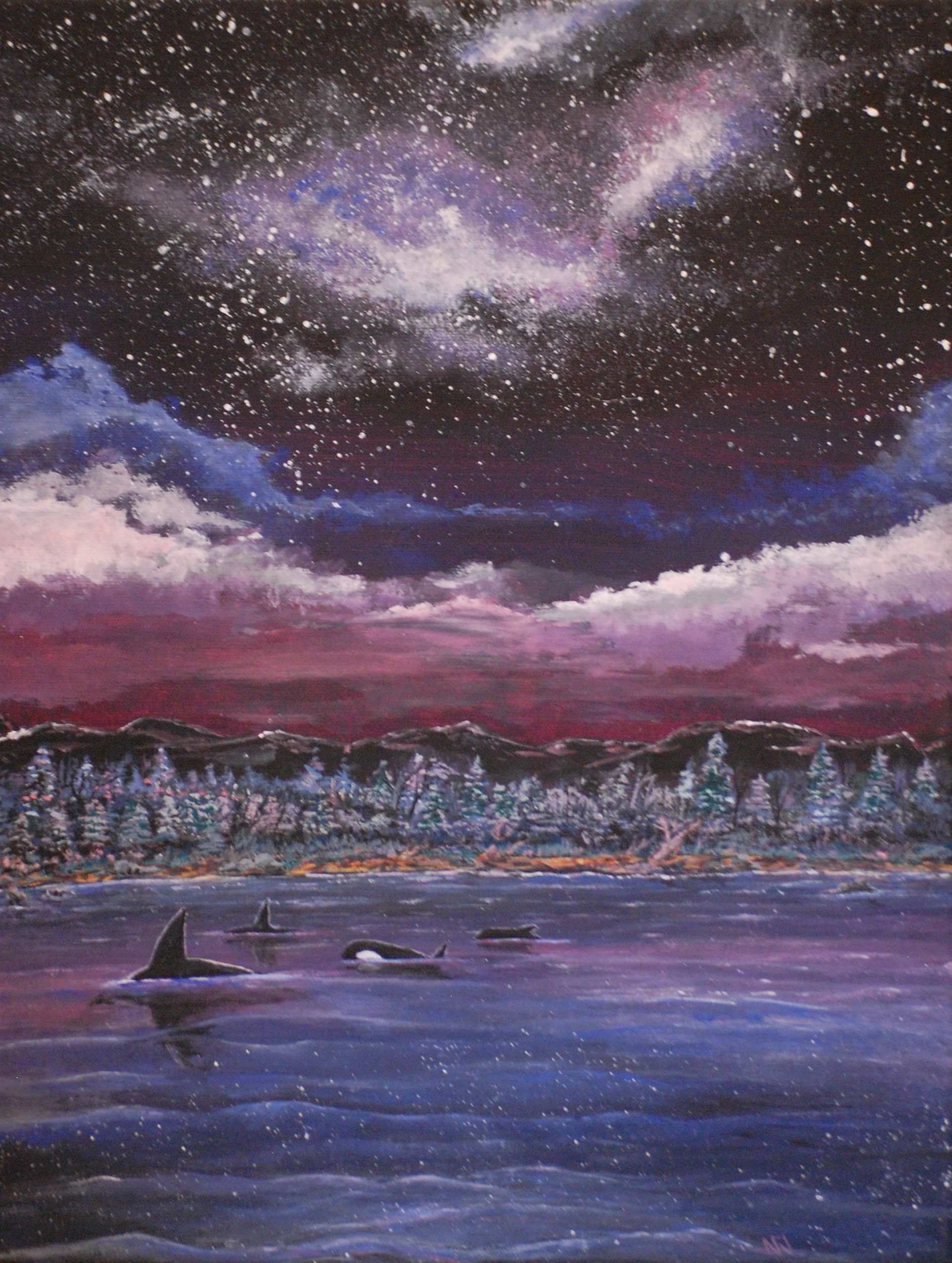 Another painting from my mind space, orcas gracefully approach coastal currents underneath an alternate milky way.
