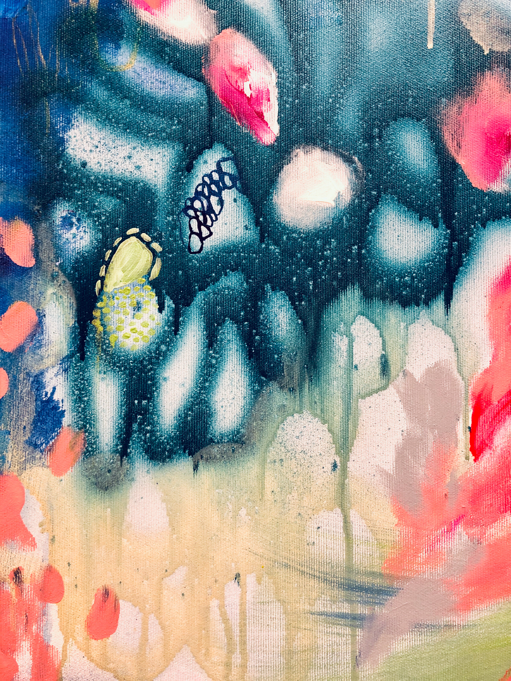 Details of Puutarhajuhlat merellä, 2022 // Mixed media on canvas, 150x160cm 
