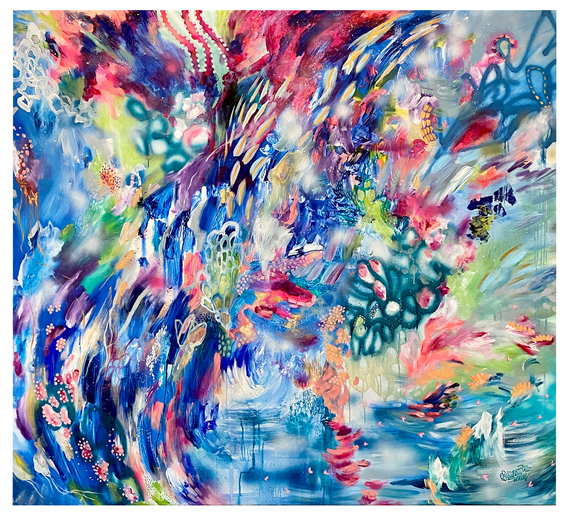 Puutarhajuhlat merellä, 2022 // Mixed media on canvas 160x150cm 