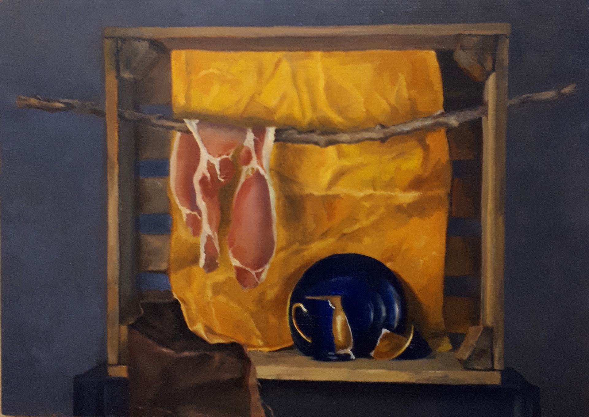 Pretentious Menus 2 - Pig on a Twig with No Tea Served in a Skip-Recovered Crate - oil on board - 25cm x 35cm