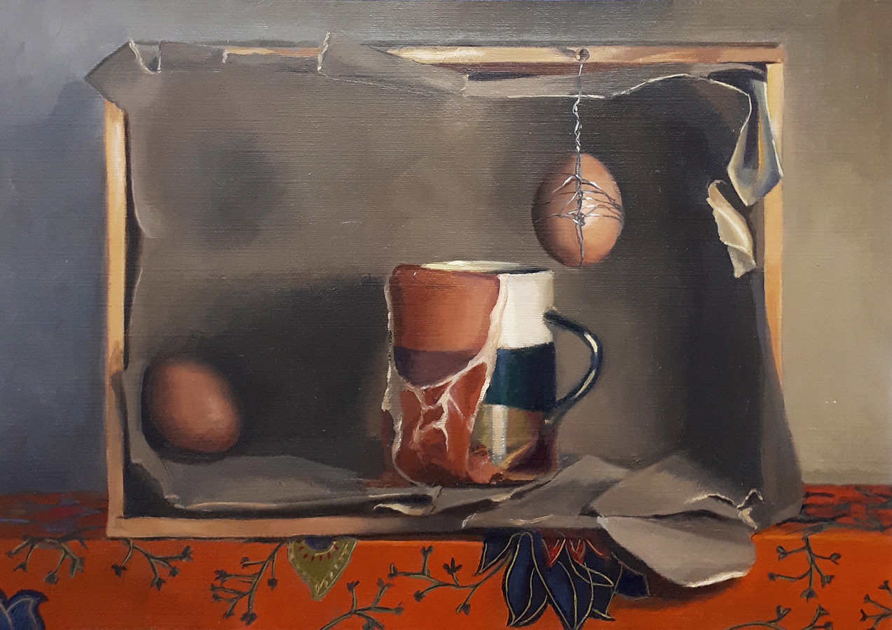 Pretentious Menus 1 - Wire-Trussed Egg with Bacon-infused Tea Served in Pre-Loved Artisanal Crate - oil on board - SOLD