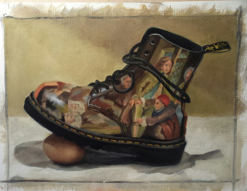 Egg and Doc Marten - oil on paper - 25cm x 30cm