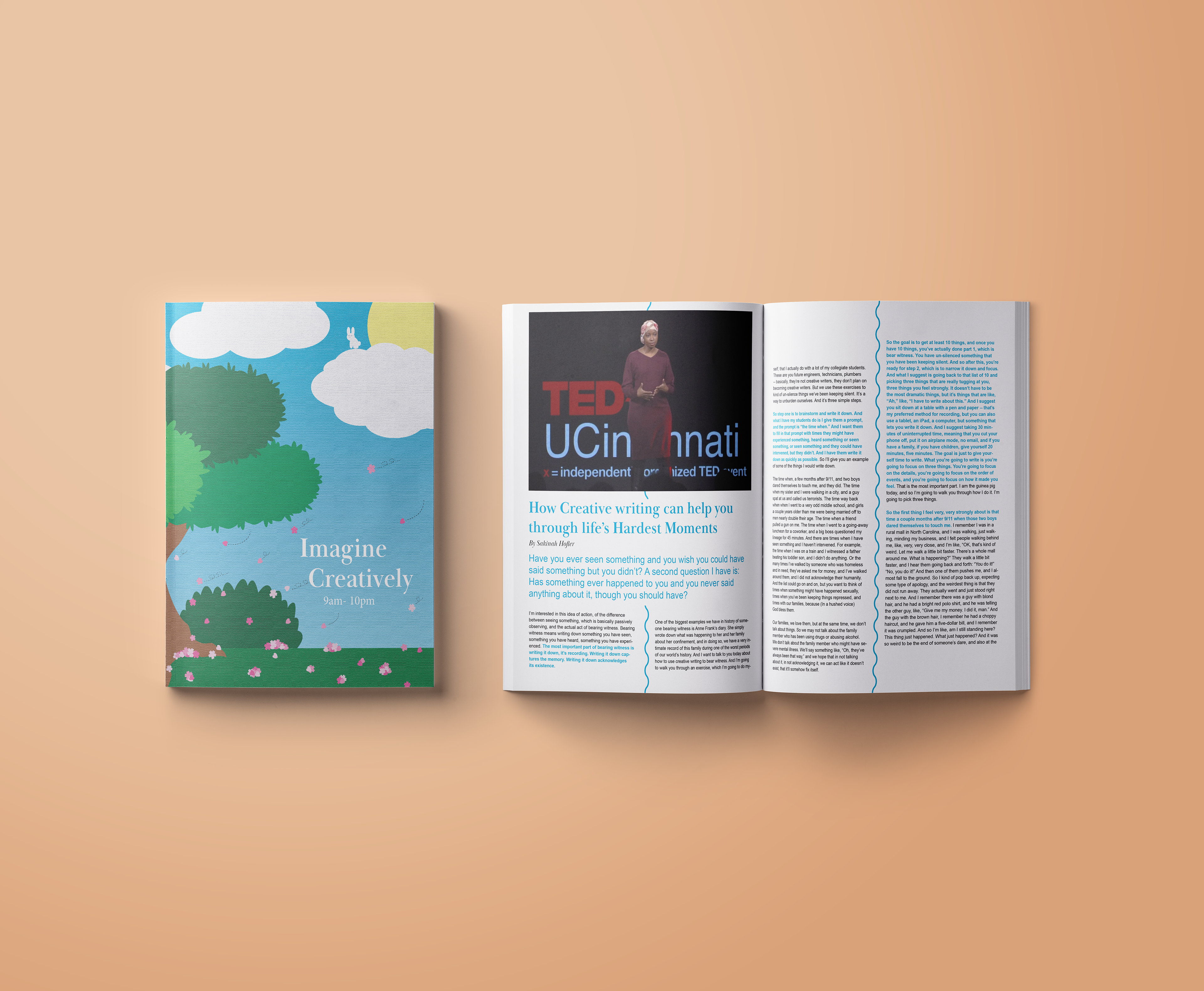 Imagine Creatively booklet cover and article pages