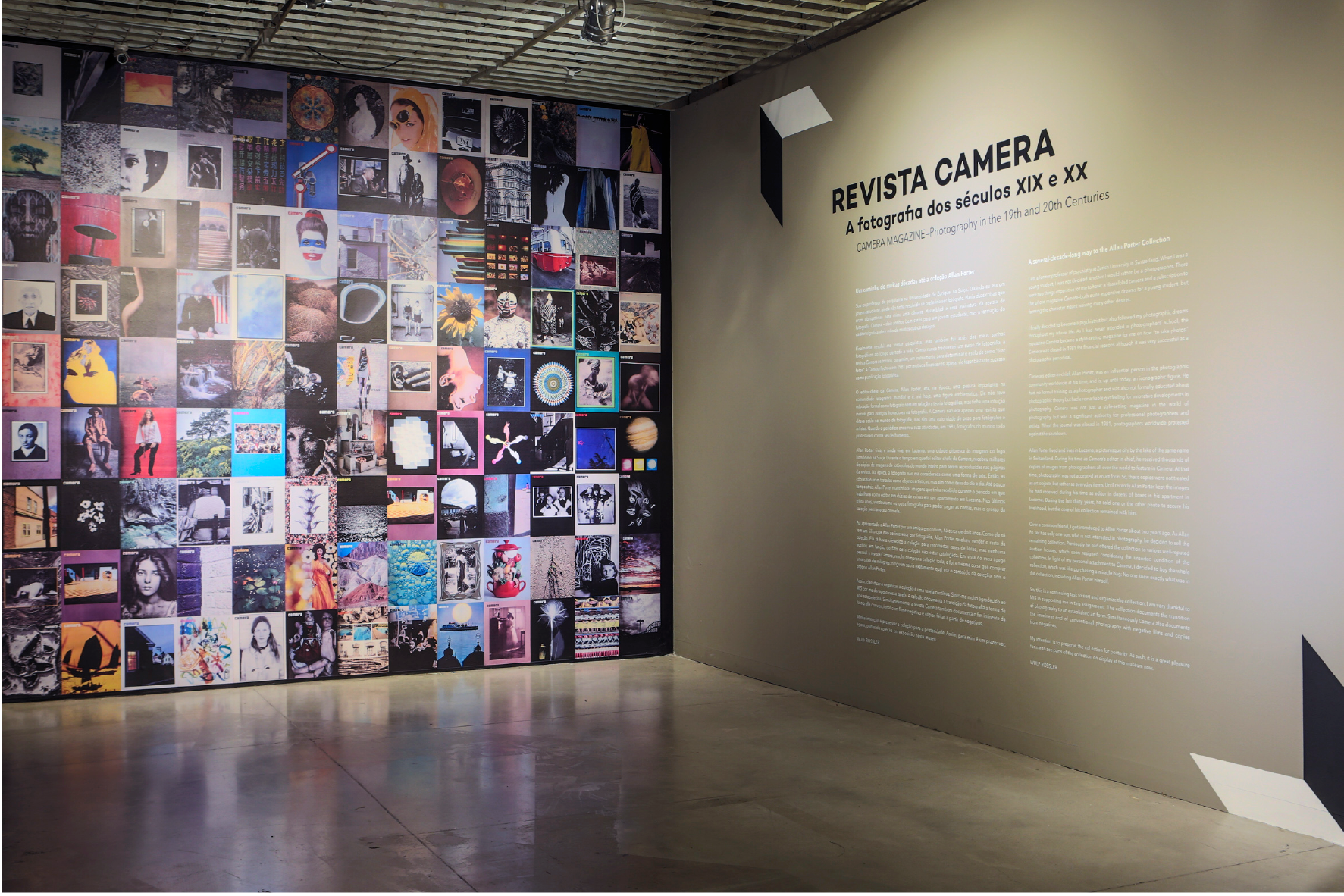 Painel com mosaico das capas da Revista Camera e identidade visual interna