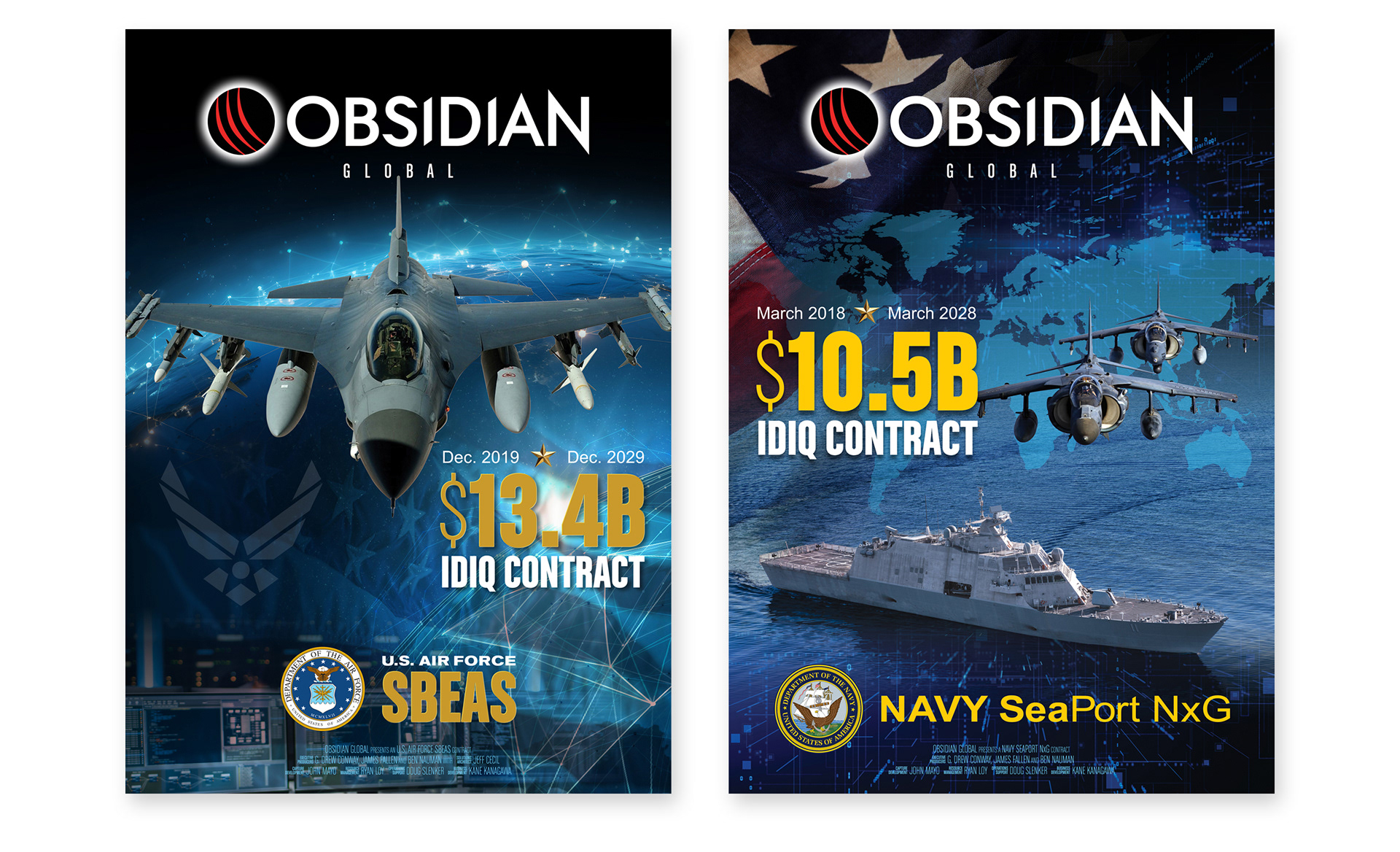 Two large-format contract award posters designed by Starr Creative for Obsidian Global, featuring military aircraft and naval imagery representing the U.S. Air Force's $13.4 billion SBEAS contract and U.S. Navy's $10.5 billion SeaPort NxG contract.