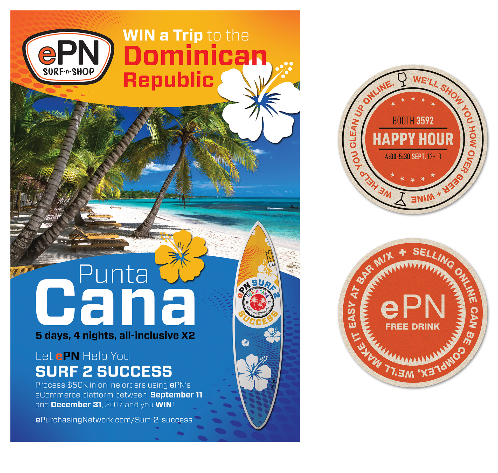 ePN Surf 2 Success sales promotion poster and branded coasters featuring the Punta Cana grand prize.