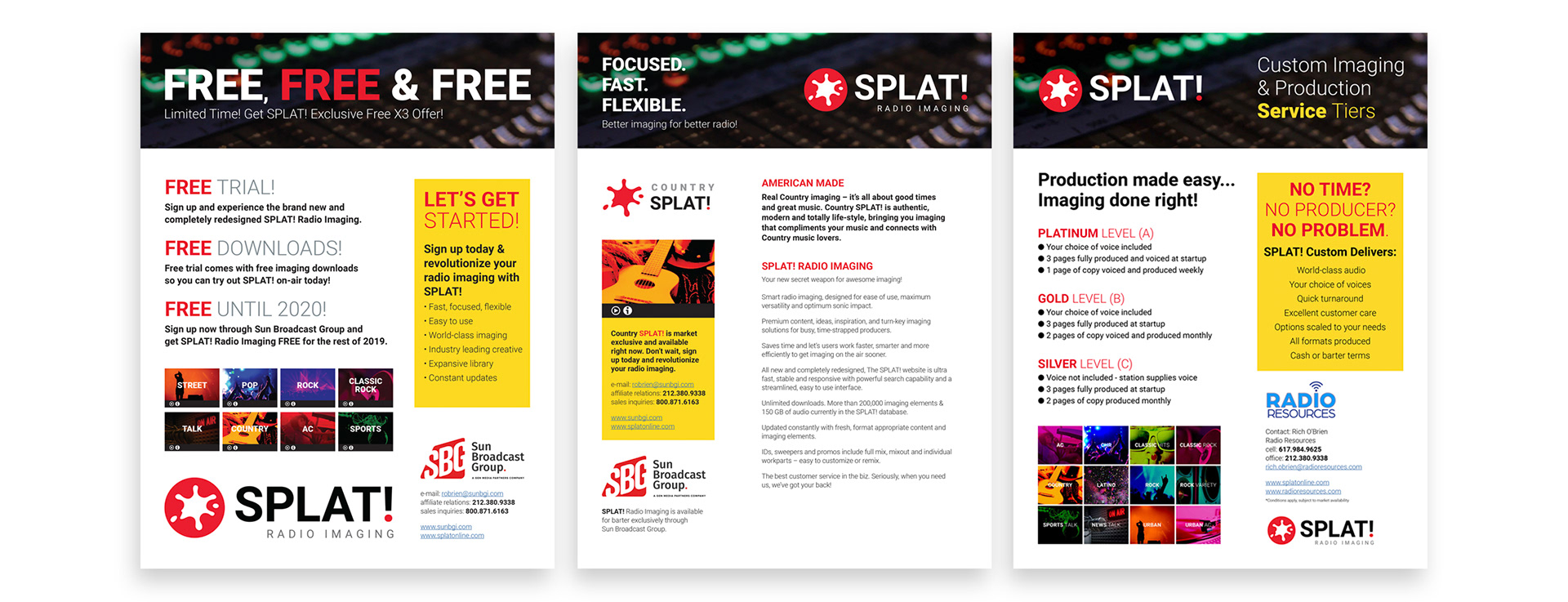 SPLAT Radio Imaging promotional sales sheets supporting product launches, free-trial offers, programming formats, and custom production services.