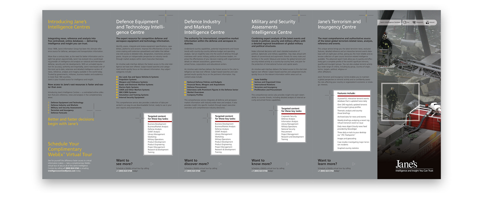 Jane’s Defence capabilities brochure further unfolded to present four Intelligence Centre service areas.