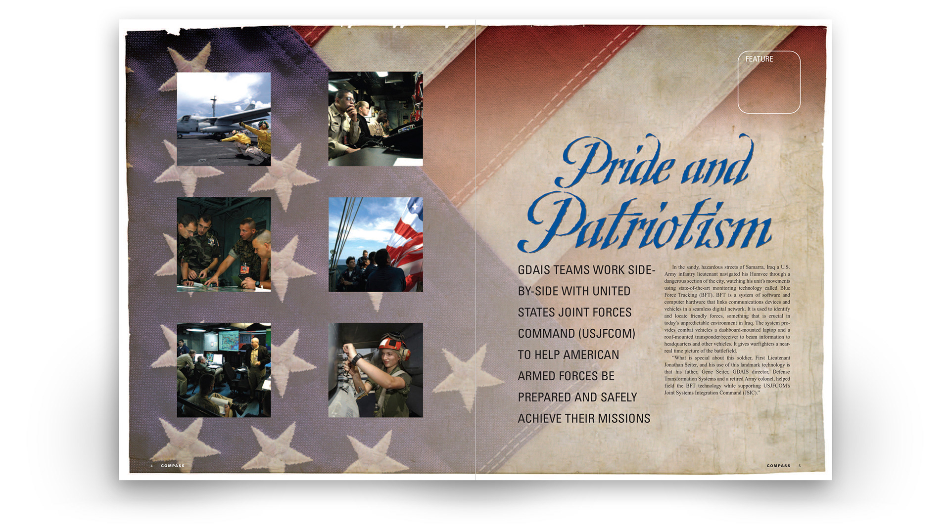 General Dynamics Compass editorial spread, ‘Pride and Patriotism,’ featuring support for U.S. Joint Forces Command.