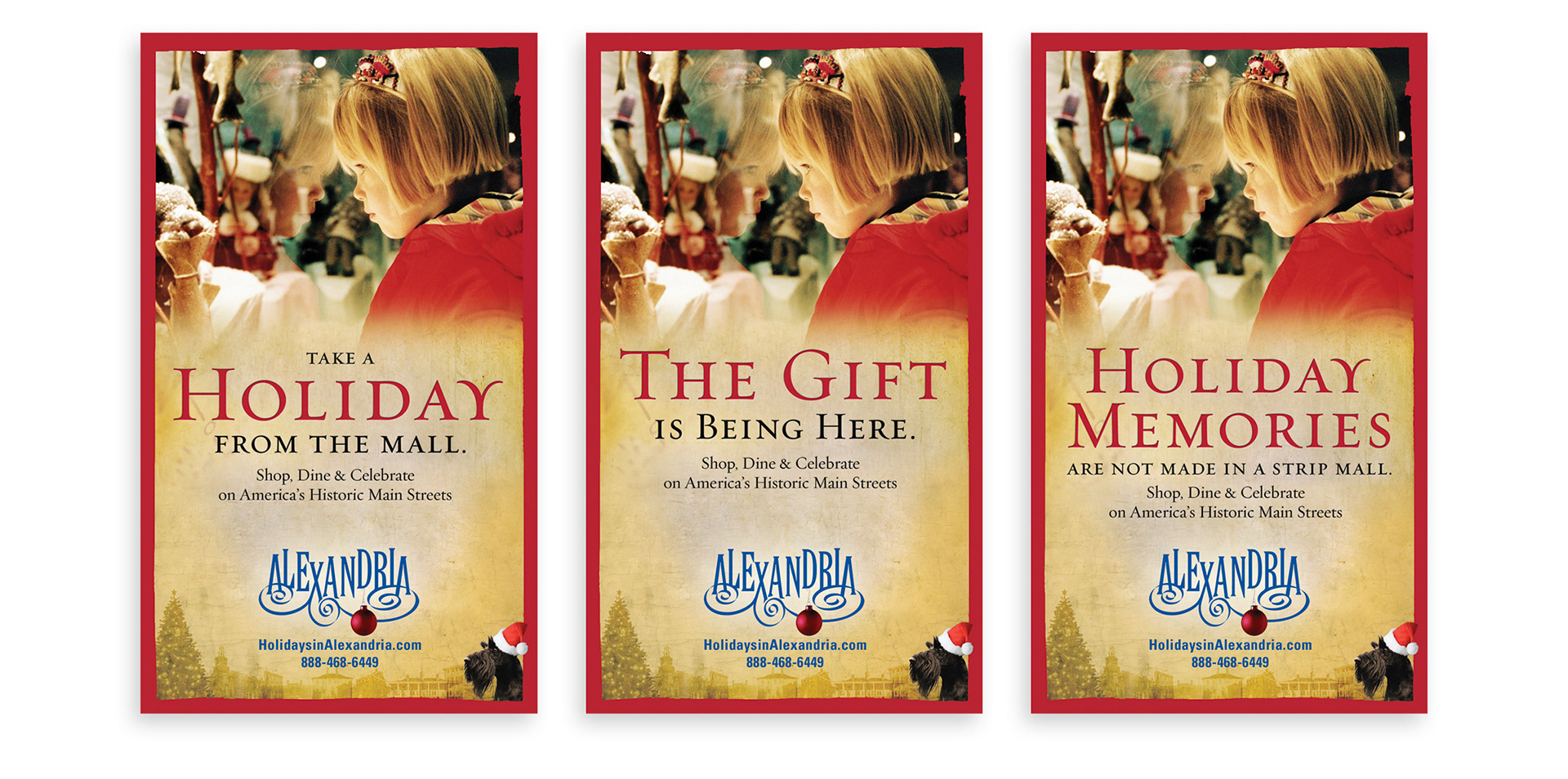 Alexandria holiday advertising campaign promoting shopping, dining, and seasonal events in historic Old Town Alexandria.