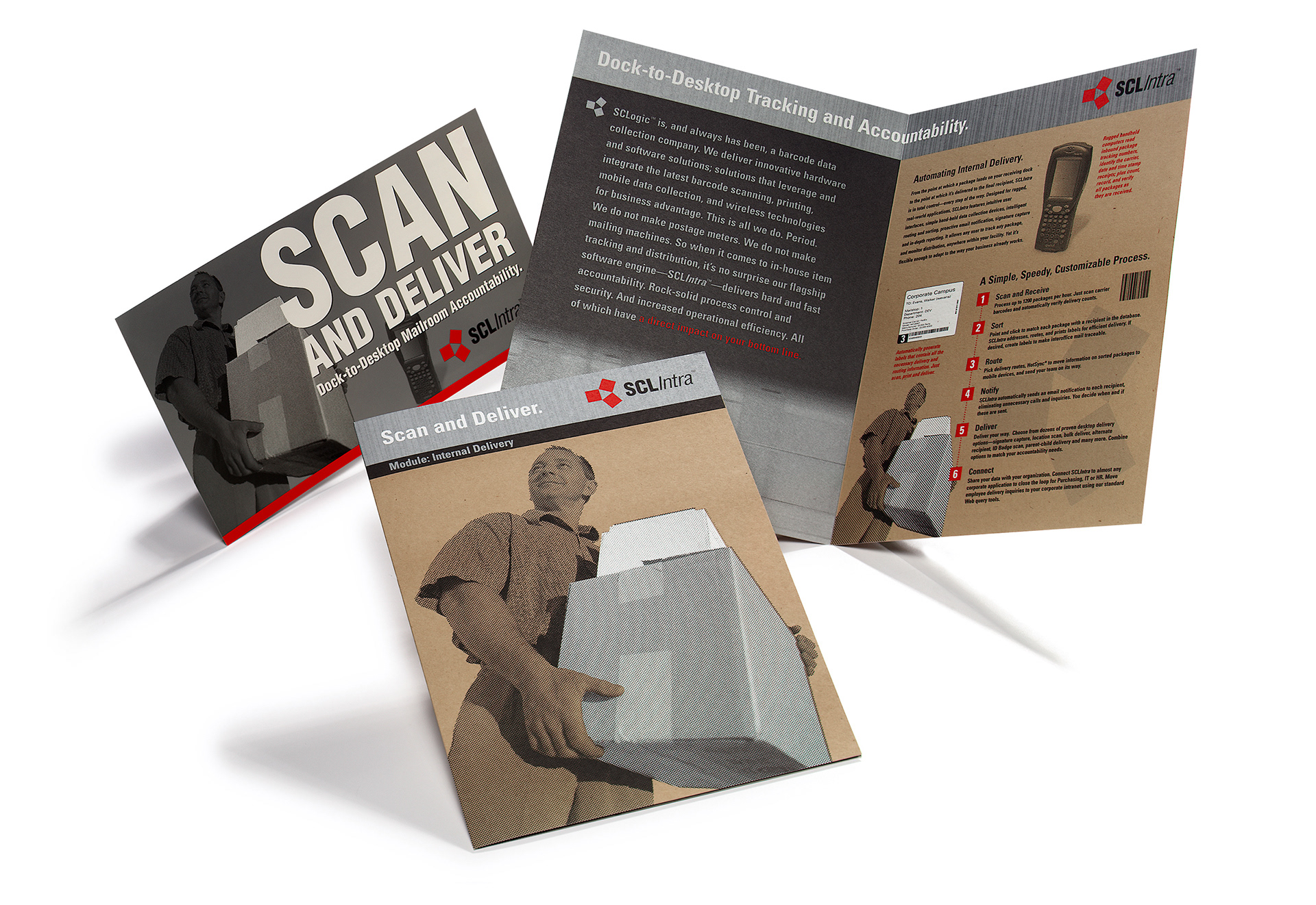 SCL Intra direct mail and sales collateral promoting dock-to-desktop tracking and internal delivery software.