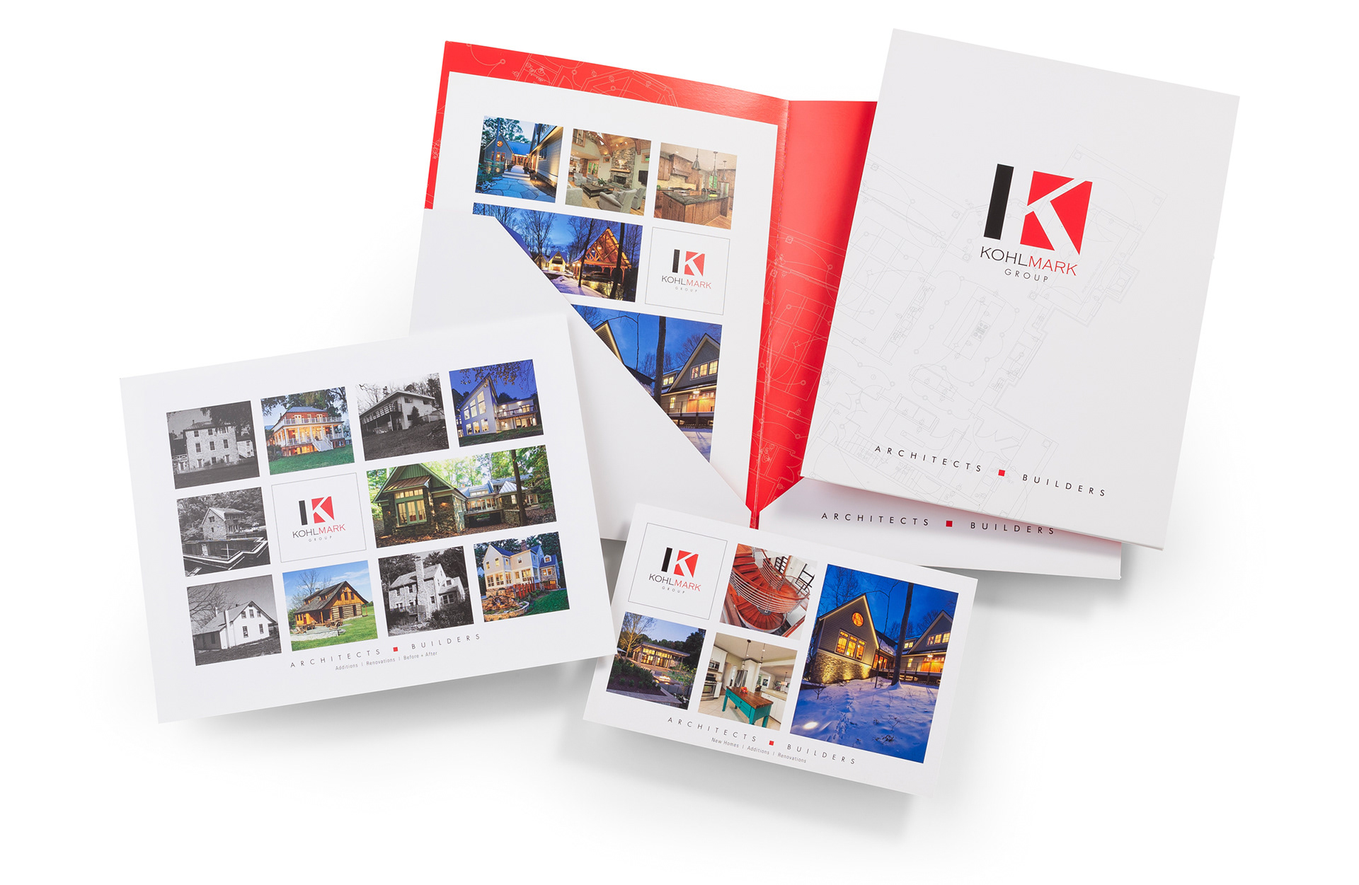 Kohlmark Group architecture and building collateral featuring a pocket folder and promotional materials including a before-and-after project sheet.