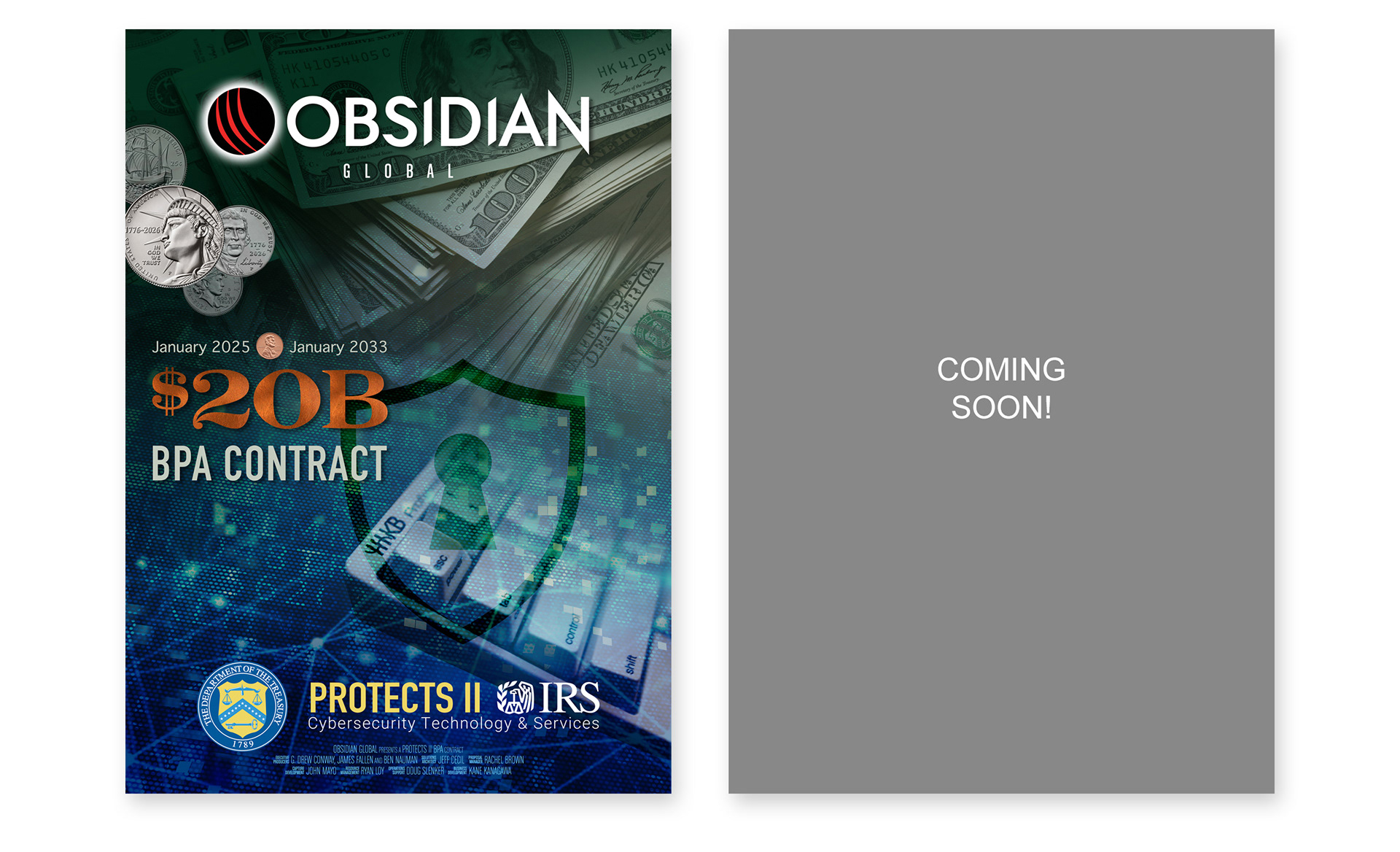 Large-format contract award poster designed by Starr Creative for Obsidian Global, featuring U.S. Department of the Treasury imagery and bold graphics highlighting the $20 billion PROTECTS II contract, alongside a Coming Soon placeholder.