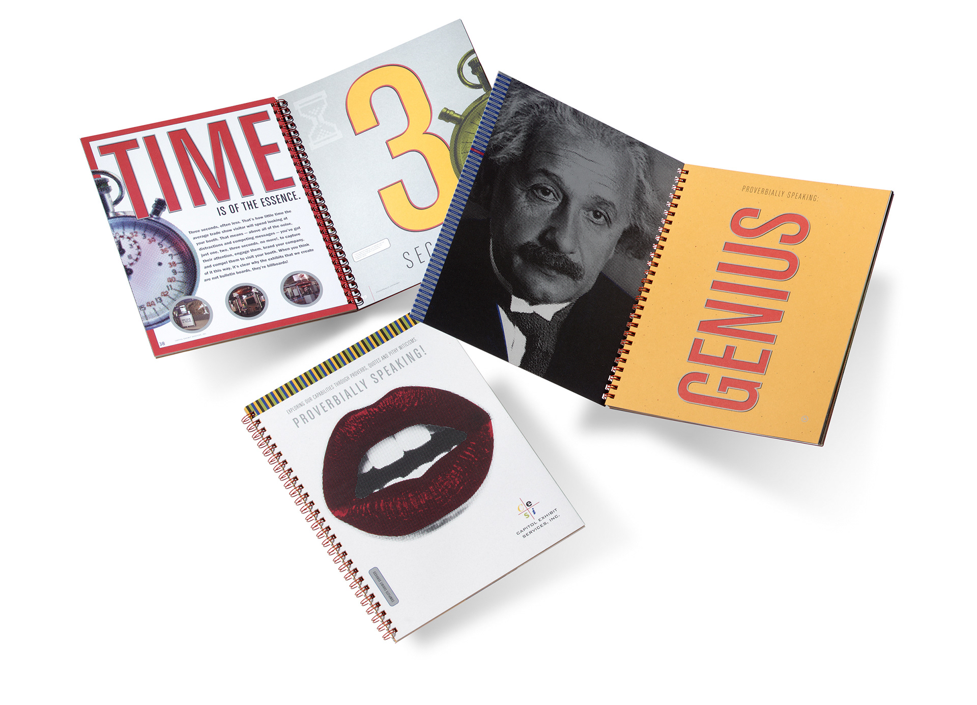 CESI Proverbially Speaking custom Wiro-bound capabilities books featuring proverbs, visual wordplay, die cuts, French folds, specialty inks, and Neenah papers.