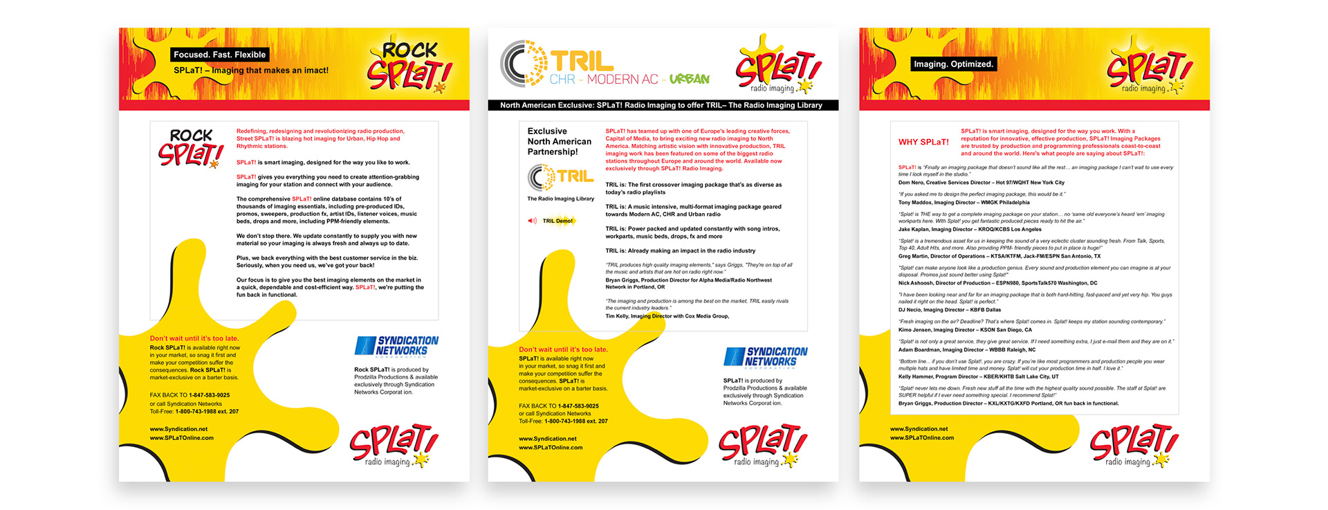 SPLAT Radio Imaging sales materials promoting radio production and imaging packages, partnerships, and services.
