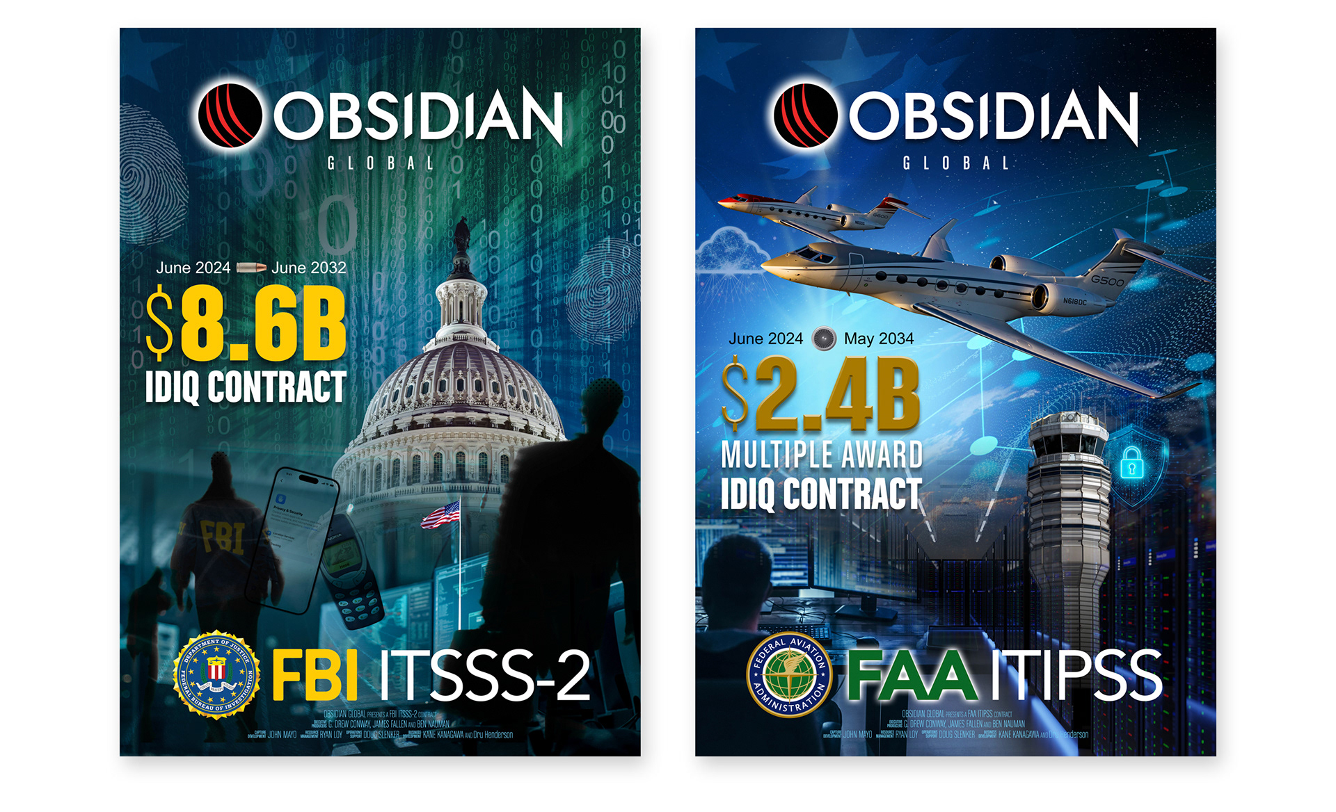 Two large-format contract award posters designed by Starr Creative for Obsidian Global, featuring federal law enforcement imagery for the FBI's $8.6 billion ITSSS-2 contract and aviation imagery for the FAA's $2.4 billion ITIPSS contract.