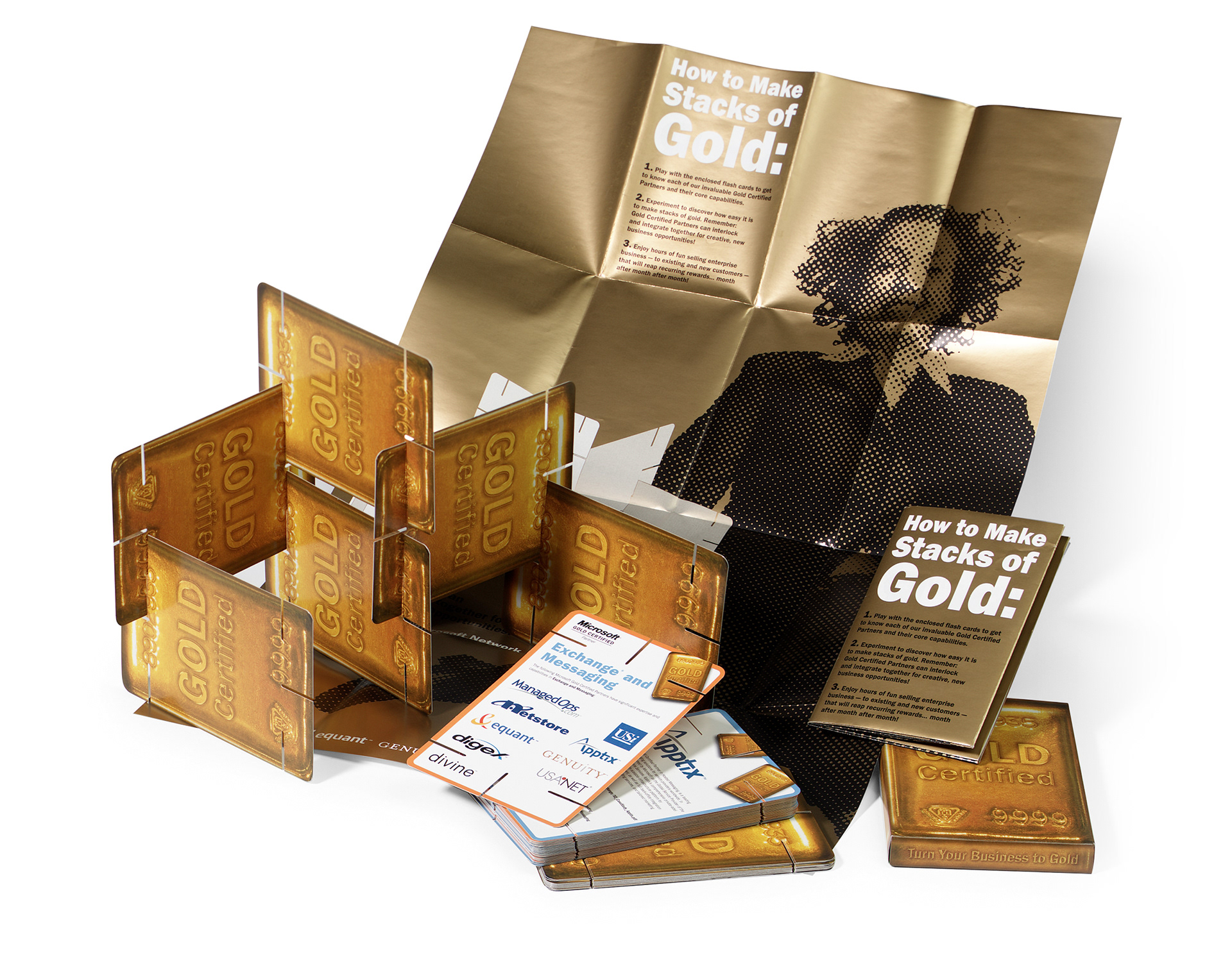 Microsoft Gold Certified Partner direct mail campaign featuring an Eames House of Cards-inspired interlocking card deck and gold bar packaging.