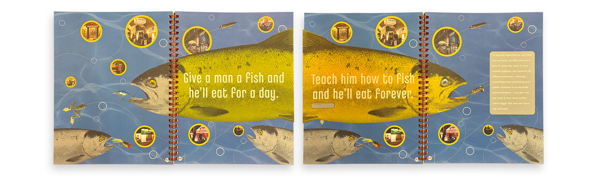 CESI Proverbially Speaking capabilities book spreads using proverbs, visual wordplay, custom photography, illustration, die cuts, and specialty printing.