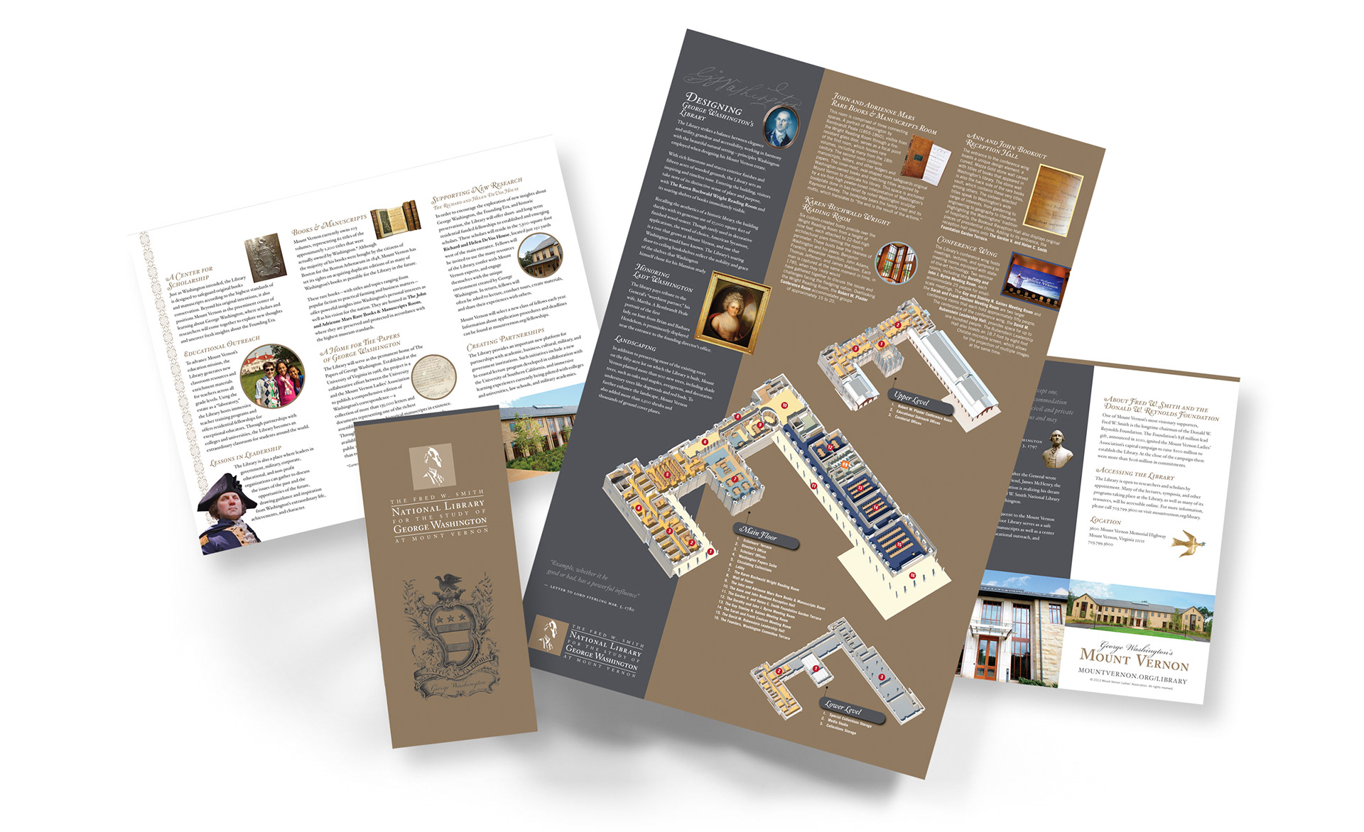 Fred W. Smith National Library for the Study of George Washington at Mount Vernon visitor guide featuring library resources, collections, exhibits, and floor plans.