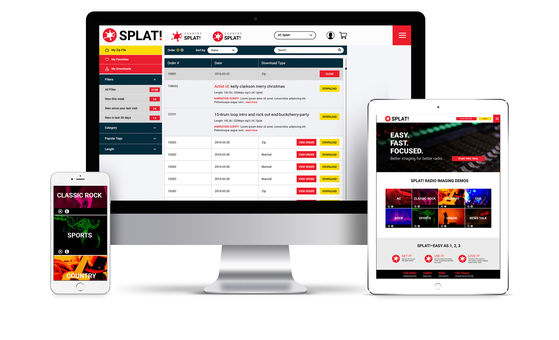 Responsive SPLAT Radio Imaging website and digital audio library designed to streamline browsing, purchasing, and downloading radio production content.